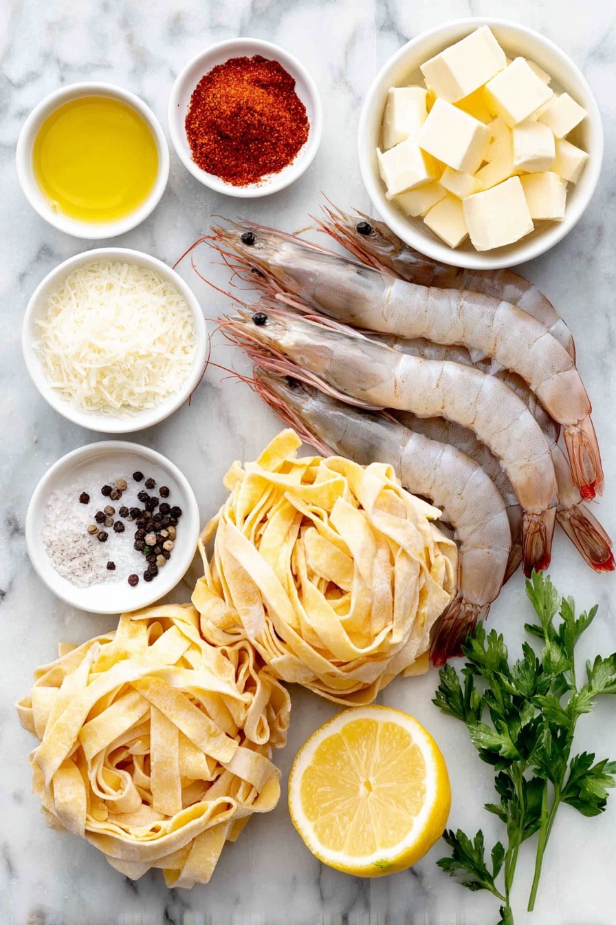 Flat lay of uncooked fettuccine pasta nests, a handful of large raw shrimp with shells removed, a small white bowl of bright red smoked paprika powder, a small white bowl of finely minced fresh garlic, a small white bowl of golden cooking oil, a small white bowl of pale yellow unsalted butter cubes, a small white bowl of all-purpose flour, a small white bowl of light golden chicken broth, a small white bowl of thick heavy cream, half a fresh lemon with visible zest, a small white bowl of finely grated Parmesan cheese, a few sprigs of fresh green parsley with some chopped leaves scattered beside it, scattered whole black peppercorns and coarse sea salt crystals, all arranged symmetrically and naturally placed on a clean white marble surface, soft natural light, photo taken with an iPhone, professional food photography style, fresh ingredients, white ceramic bowls, no bottles, no duplicates, no utensils, no packaging --ar 2:3 --v 7 --p m7354615311229779997 - Cajun Shrimp Pasta, Cajun pasta recipes, creamy shrimp pasta, spicy shrimp pasta, easy seafood pasta