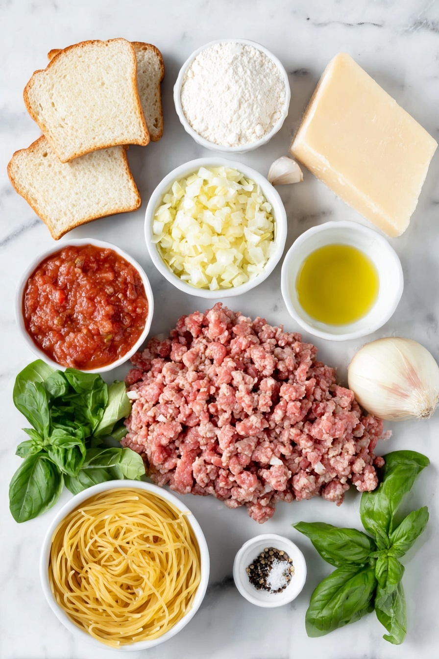 Flat lay of three slices of crustless white bread torn into pieces, a small pile of lean ground beef, a small pile of sweet Italian sausage meat with casings removed, a wedge of parmesan cheese with some finely grated cheese beside it, four whole garlic cloves and a few minced garlic cloves in a small white ceramic bowl, a whole large brown egg, a small white ceramic bowl filled with all-purpose flour, a small white ceramic bowl with light olive oil, a neatly chopped medium yellow onion, two bay leaves, a small white ceramic bowl of crushed tomatoes, a few fresh basil leaves finely minced beside more whole basil leaves, a nest of uncooked spaghetti pasta, a small white ceramic bowl of sea salt, and a small white ceramic bowl of black pepper, all arranged with perfect symmetry, placed on a clean white marble surface, soft natural light, photo taken with an iPhone, professional food photography style, fresh ingredients, white ceramic bowls, no bottles, no duplicates, no utensils, no packaging --ar 2:3 --v 7 --p m7354615311229779997 - Homemade Spaghetti and Meatballs, Italian pasta with meatballs, easy spaghetti and meatballs, classic spaghetti and meatballs, hearty Italian dinner