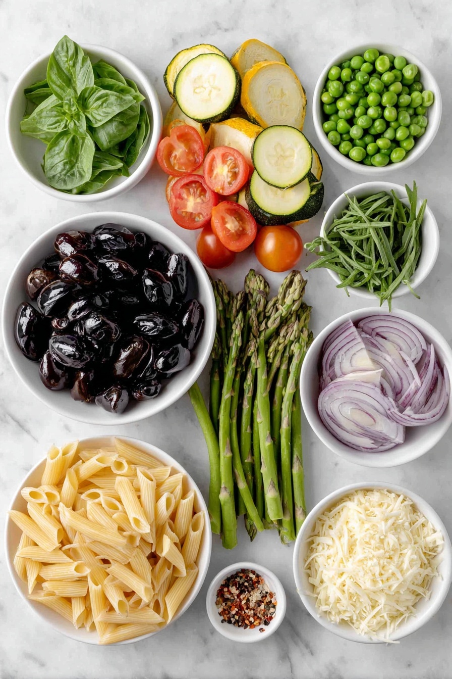 Flat lay of a small mound of uncooked penne pasta, a few glossy garlic cloves sliced thin, thin half-moons of bright yellow squash, thin half-moons of fresh green zucchini, chopped vibrant green asparagus stalks, halved shiny red cherry tomatoes, thinly sliced rings of deep purple-red onion, a small white bowl of bright green fresh basil leaves, a smaller white bowl with fresh tarragon sprigs, a small white bowl filled with thawed green peas, a small white bowl of pale golden extra-virgin olive oil, a small white bowl of fresh lemon juice, a small white bowl of grated creamy white pecorino cheese, a small white bowl with coarse sea salt crystals, a small white bowl with red pepper flakes, freshly ground black pepper scattered delicately nearby—all arranged symmetrically with perfect balance, placed on a clean white marble surface, soft natural light, photo taken with an iPhone, professional food photography style, fresh ingredients, white ceramic bowls, no bottles, no duplicates, no utensils, no packaging --ar 2:3 --v 7 --p m7354615311229779997 - Fresh Pasta Primavera Vegetables, spring vegetable pasta dish, healthy pasta recipes, easy vegetarian pasta, colorful veggie pasta