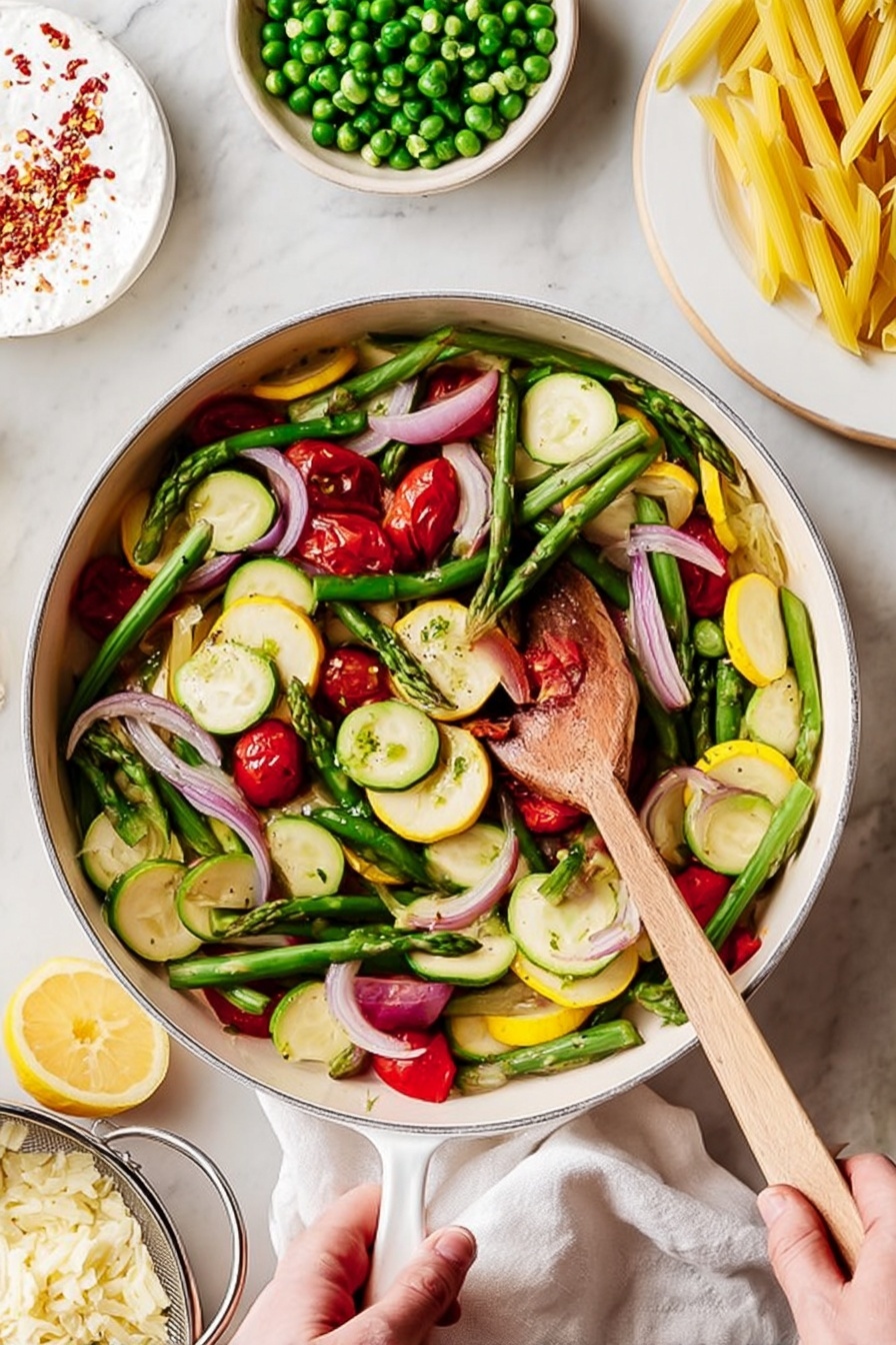 A white pan filled with three layers of vegetables: bright green asparagus spears and green beans, light green zucchini slices and yellow squash slices scattered around, and halved red cherry tomatoes mixed with thin, light purple onion slices on top; a woman's hand holds a wooden spatula stirring the vegetables, while another woman's hand holds the pan handle. Around the pan are a bowl of green peas, a white plate with soft white cheese and red pepper flakes, a metal colander with yellow penne pasta, and a whole lemon, all set on a white marbled surface with a white cloth napkin nearby. Photo taken with an iphone --ar 2:3 --v 7 - Fresh Pasta Primavera Vegetables, spring vegetable pasta dish, healthy pasta recipes, easy vegetarian pasta, colorful veggie pasta