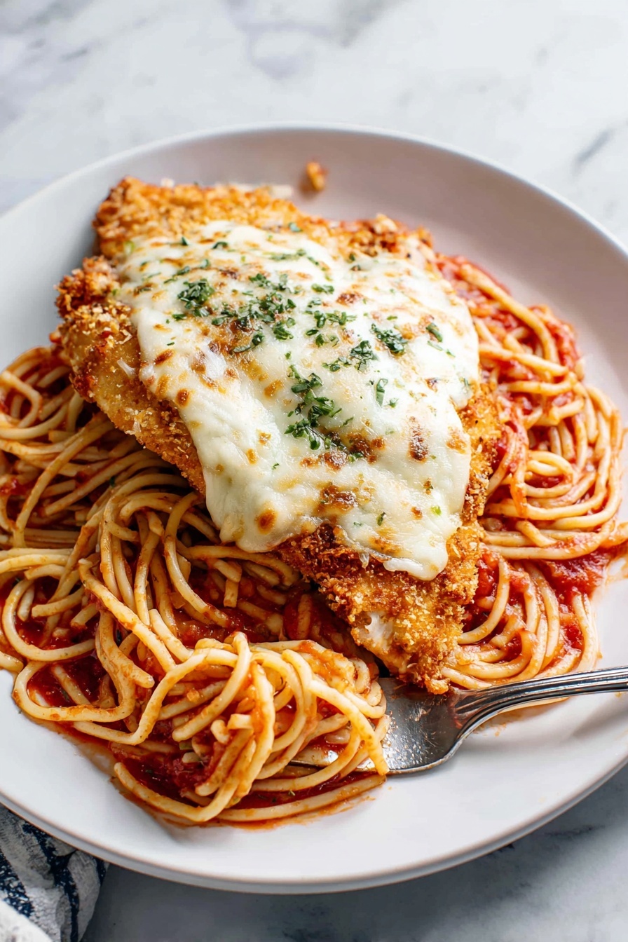 A white plate holds a serving of spaghetti coated in red tomato sauce as the first layer, with strands twisted and piled unevenly. On top, there is a piece of breaded, crispy golden-brown chicken. The chicken is covered with a layer of melted white cheese that is sprinkled with small bits of green herbs. The white marbled surface underneath adds a clean look to the scene, and a silver fork with some spaghetti is partially visible near the edge of the plate. photo taken with an iphone --ar 2:3 --v 7 - Easy Chicken Parmesan, Chicken Parmesan dinner, crispy chicken Parmesan, homemade Chicken Parmesan, Italian-American chicken dish