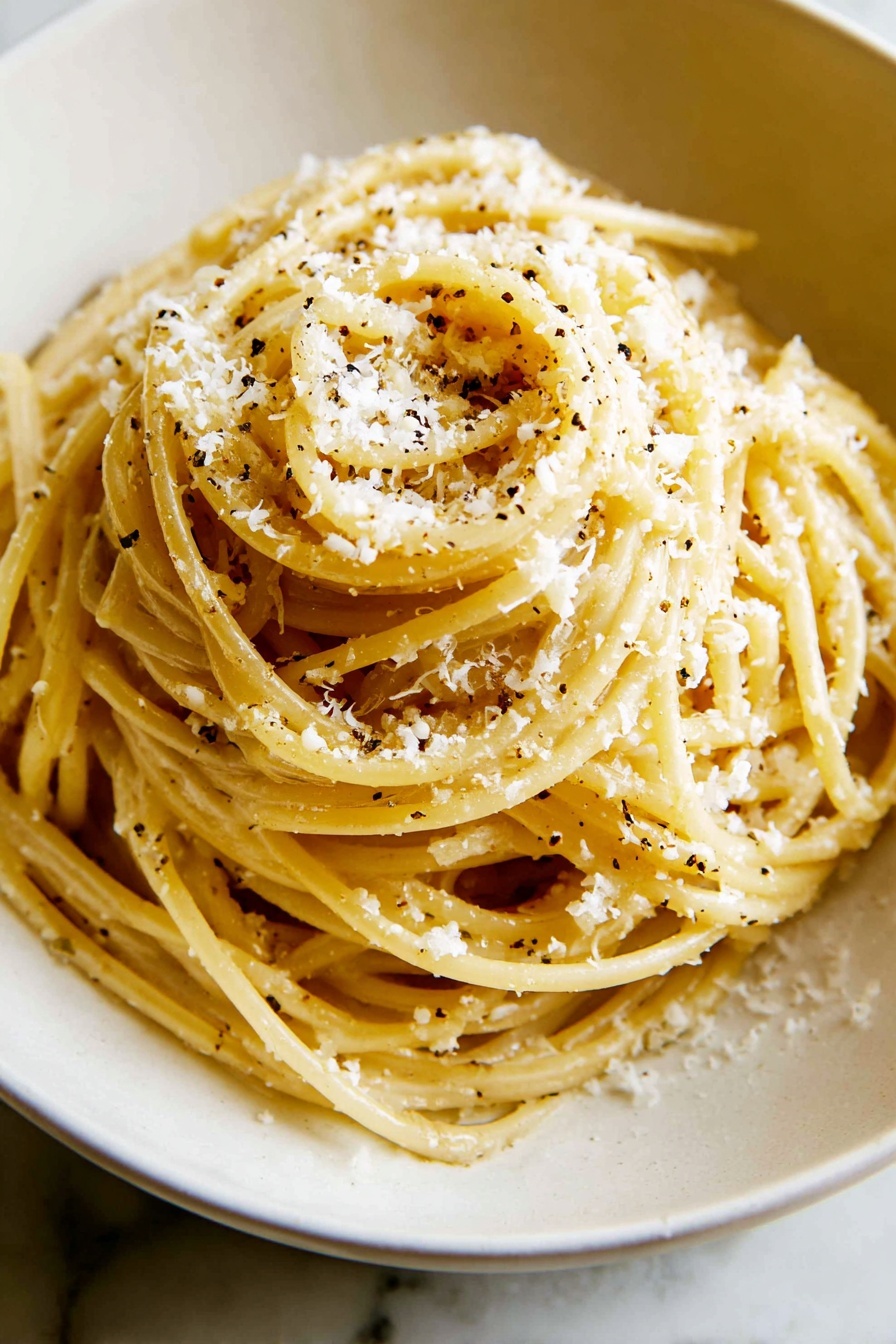 A white bowl holds a mound of spaghetti pasta coated in a light yellow sauce, speckled with small black pepper bits, with finely grated white cheese sprinkled over the top layer. A fork lifts a bundle of the pasta above the bowl, showing the smooth texture and twist of the noodles. In the background, there is a small white bowl with more grated cheese. The scene is set on a white marbled surface. photo taken with an iphone --ar 2:3 --v 7 - Easy Cacio e Pepe Pasta, classic Roman pasta, quick Italian pasta recipe, cheesy pepper pasta, simple pasta dishes