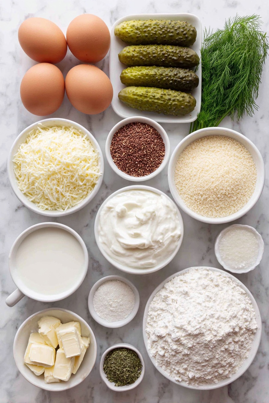 Flat lay of fresh baby dill sprigs, two large brown eggs with clean shells, whole dill pickle spears, a small white ceramic bowl of all-purpose flour, a small white ceramic bowl of panko bread crumbs, a small white ceramic bowl of stone-ground corn meal, a small white ceramic bowl of plain bread crumbs, a small white ceramic bowl of finely grated parmesan cheese, a small white ceramic bowl of mayonnaise, a small white ceramic bowl of plain Greek yogurt, a small white ceramic bowl of milk, a small white ceramic bowl of buttermilk, a small white ceramic bowl of white balsamic vinegar, a small white ceramic bowl containing a mix of cayenne pepper, black pepper, onion powder, garlic powder, ground white pepper, and salt combined -- all perfectly arranged with balanced spacing and symmetry, placed on a clean white marble surface, soft natural light, photo taken with an iPhone, professional food photography style, fresh ingredients, white ceramic bowls, no bottles, no duplicates, no utensils, no packaging --ar 2:3 --v 7 --p m7354615311229779997 - Baked Pickle Fries with Dill Ranch Dip, pickle fry recipe, healthy pickle snack, crispy baked pickle sticks, homemade ranch dip with herbs