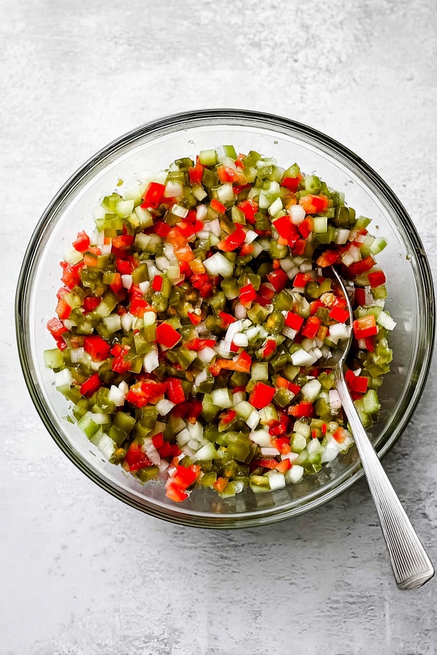 A woman's hand holds a single triangular light beige tortilla chip topped with a colorful mix of diced vegetables. The topping has three layers visible: light green pickles, white onions, and small bright red pieces, all with a fresh, slightly glossy texture. In the background, a white bowl filled with the same diced mixture sits on a white plate, surrounded by more triangular beige tortilla chips scattered on a white marbled surface. The overall image has a bright and fresh look with a clear focus on the chip and its topping. photo taken with an iphone --ar 2:3 --v 7 - Pickle de Gallo, pickle de gallo, tangy pico de gallo, easy pickle salsa, flavorful condiment