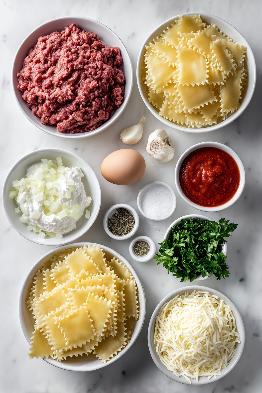 Flat lay of uncooked lasagna noodles neatly stacked, a mound of raw ground beef with a bright red hue, a small white bowl filled with rich red marinara sauce, a few diced pale yellow onion pieces arranged in a simple white bowl, three whole garlic cloves with papery skins intact, a small white bowl containing coarse sea salt crystals, another small white bowl with cracked black peppercorns, a small white bowl of dried oregano leaves, a generous dollop of creamy white ricotta cheese in a white ceramic bowl, one large uncracked brown egg, a small white bowl heaped with finely shredded pale yellow Parmesan cheese, another small white bowl holding shredded mozzarella cheese strings, and a small pile of freshly chopped vibrant green parsley leaves placed in a white bowl, all ingredients arranged with perfect symmetry and balanced proportions, placed on a clean white marble surface, soft natural light, photo taken with an iPhone, professional food photography style, fresh ingredients, white ceramic bowls, no bottles, no duplicates, no utensils, no packaging --ar 2:3 --v 7 --p m7354615311229779997 - Cheesy Beef Lasagna Roll Ups, cheesy beef lasagna roll-ups, beef lasagna roll ups recipe, lasagna roll ups with beef and cheese, hearty baked lasagna roll-ups