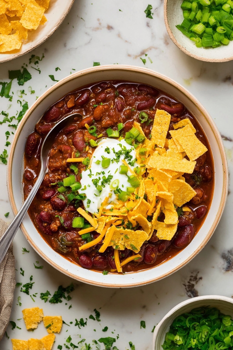 The image shows a white bowl filled with thick chili, dark brown with visible kidney beans and small green herbs mixed in. On top, there is a dollop of white sour cream at the center, surrounded by thin yellow shredded cheese and curved, crunchy-looking yellow corn chips. Chopped green onions and finely chopped green herbs are sprinkled over the sour cream and cheese. A silver spoon rests inside the bowl on the left side. The bowl is placed on a white marbled surface with scattered green herbs and a small white bowl with extra chopped green onions nearby. photo taken with an iphone --ar 2:3 --v 7 - Easy Classic Beef Chili, hearty beef chili, quick chili recipe, stovetop chili, easy weeknight dinner