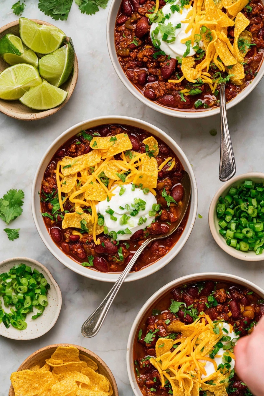The image shows three white bowls filled with rich, dark red chili with visible beans and minced meat. Each bowl is topped with a dollop of white sour cream in the center, surrounded by bright yellow strips of cheddar cheese and curled, crunchy, light golden corn chips. Small pieces of chopped green onion and fresh green cilantro leaves are scattered on top, adding a fresh touch. Around the bowls, there are lime wedges and extra chopped green onions in small white bowls on a white marbled surface, with a woman's hand holding a spoon in the bottom right bowl. Photo taken with an iphone --ar 2:3 --v 7 - Easy Classic Beef Chili, hearty beef chili, quick chili recipe, stovetop chili, easy weeknight dinner