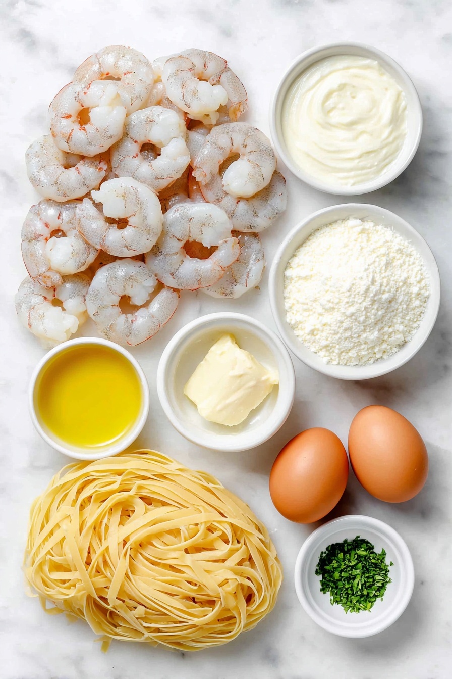 Flat lay of peeled and deveined shrimp with a pink and white hue, a small mound of uncooked fettuccine pasta strands, a small white ceramic bowl filled with golden oil, a small white ceramic bowl holding two tablespoons of creamy unsalted butter, a whole small white onion, a single peeled garlic clove, a small white ceramic bowl containing pale yellow white wine, a small white ceramic bowl filled with smooth heavy whipping cream, a small white ceramic bowl with finely grated parmesan cheese, a small pile of fresh bright green parsley leaves, a small white ceramic bowl holding a sprinkle of paprika powder, and two whole uncracked brown eggs arranged symmetrically in a balanced layout, placed on a clean white marble surface, soft natural light, photo taken with an iPhone, professional food photography style, fresh ingredients, white ceramic bowls, no bottles, no duplicates, no utensils, no packaging --ar 2:3 --v 7 --p m7354615311229779997 - Shrimp Alfredo Pasta, creamy shrimp pasta, easy seafood pasta, quick Alfredo recipe, homemade shrimp pasta