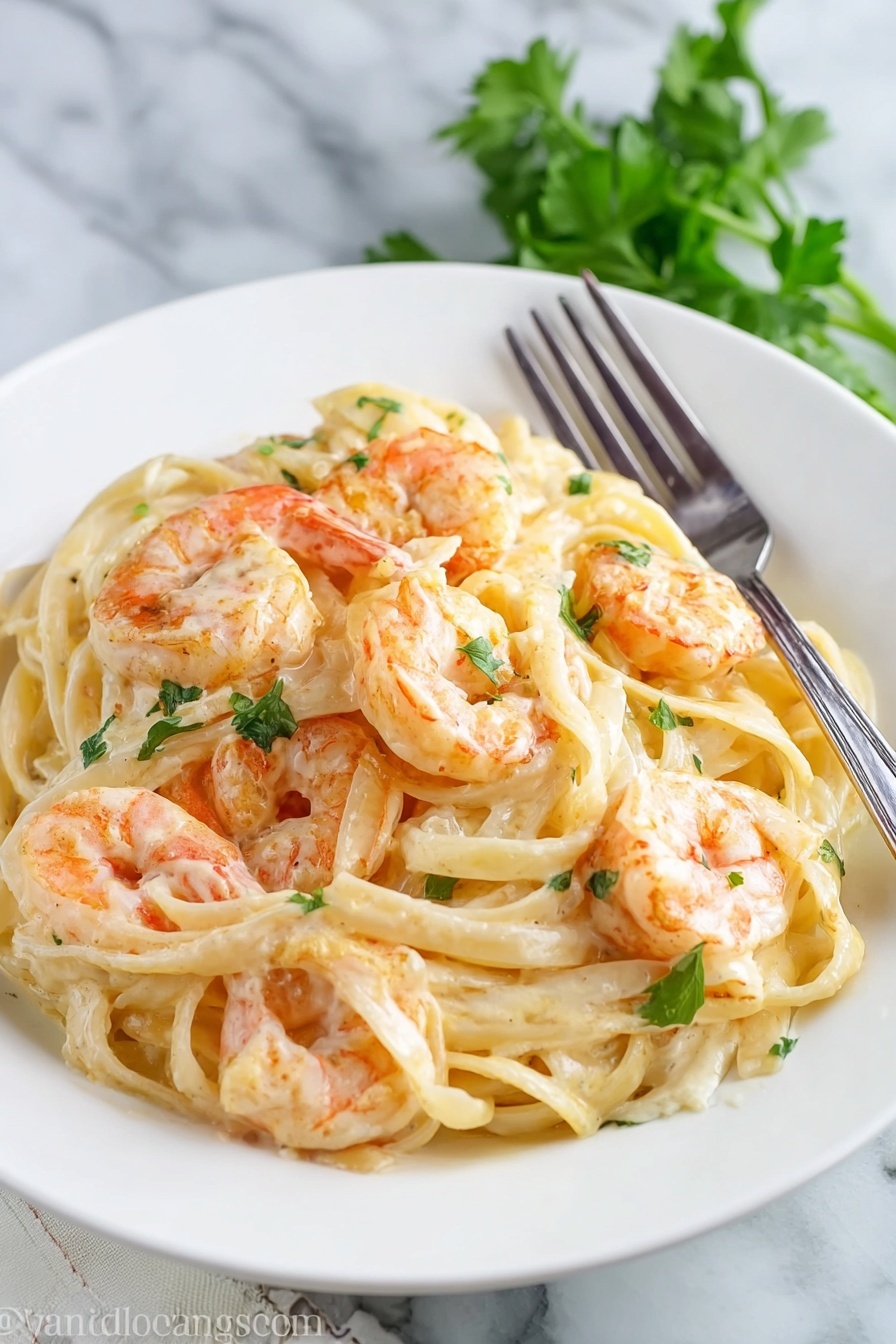 The image shows a white plate filled with creamy pasta that has a smooth, light beige sauce. On top of and mixed in the pasta are several pinkish-orange shrimp, slightly curved and cooked, with a light shine from the sauce. Small vibrant green parsley leaves dot the dish, adding color contrast. A silver fork rests on the right side of the plate, placed on a white marbled surface in the background. The overall look is fresh and appetizing, with a soft and creamy texture visible on the pasta strands. photo taken with an iphone --ar 2:3 --v 7 - Shrimp Alfredo Pasta, creamy shrimp pasta, easy seafood pasta, quick Alfredo recipe, homemade shrimp pasta
