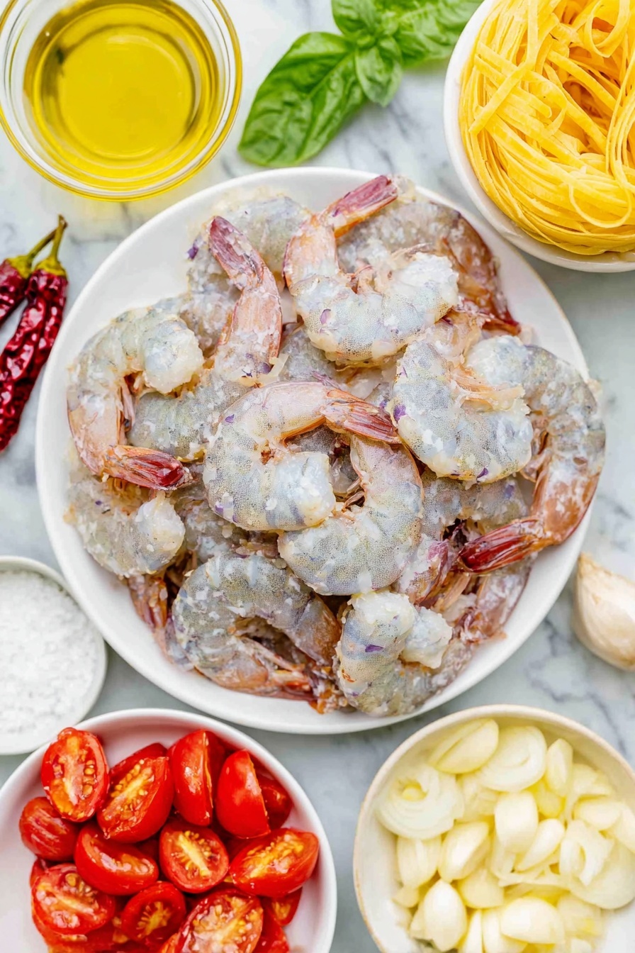 Flat lay of large raw shrimp with shells removed and deveined, a small heap of baking soda powder on white ceramic plate, coarse kosher salt crystals in a small white bowl, uncooked linguine pasta nest, a small white bowl with extra virgin olive oil, two fresh shallots thinly sliced on white ceramic plate, three sliced garlic cloves arranged neatly on white plate, one whole small red chili pepper, a small white bowl holding dry white wine, halved bright red cherry tomatoes spread on white plate, a small bunch of fresh hand-torn basil leaves on white ceramic dish, placed on a clean white marble surface, soft natural light, photo taken with an iPhone, professional food photography style, fresh ingredients, white ceramic bowls, no bottles, no duplicates, no utensils, no packaging --ar 2:3 --v 7 --p m7354615311229779997 - Shrimp Tomato Basil Pasta, easy shrimp pasta recipe, healthy seafood pasta, quick Italian pasta dish, flavorful shrimp dinner