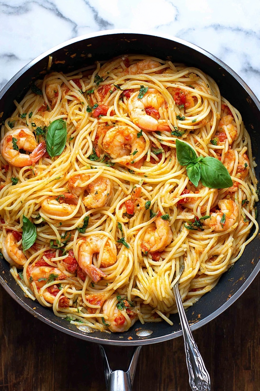 The image shows a white plate holding a serving of spaghetti with several pieces of cooked shrimp on top. The pasta is light yellow and tangled in the center with bright red cherry tomatoes scattered throughout. There are green basil leaves placed on the spaghetti, adding a fresh touch. A silver fork rests on the right side of the plate, slightly touching the food. The plate is set against a white marbled texture surface. photo taken with an iphone --ar 2:3 --v 7 - Shrimp Tomato Basil Pasta, easy shrimp pasta recipe, healthy seafood pasta, quick Italian pasta dish, flavorful shrimp dinner