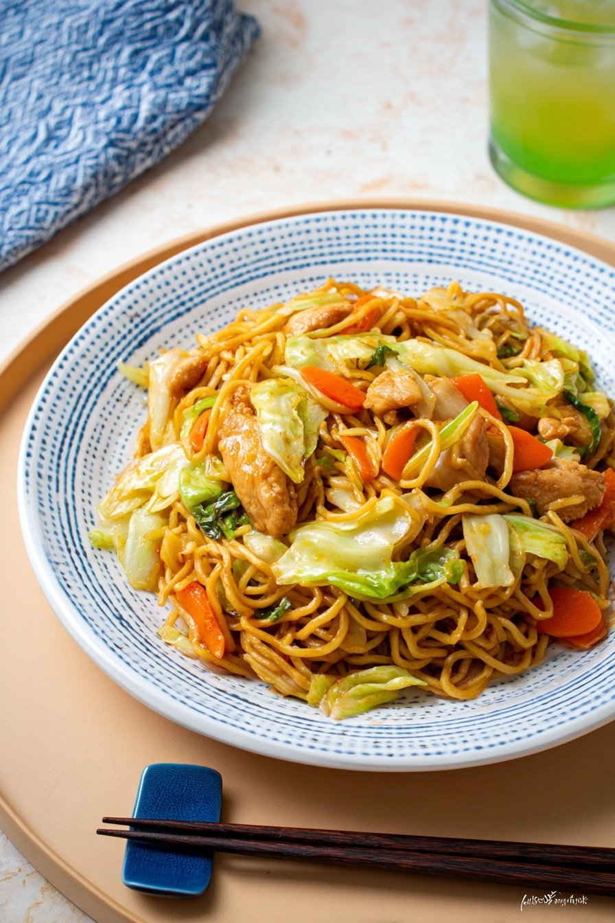 A round white plate with a thin blue patterned edge holds a serving of stir-fried noodles mixed with several pieces of cooked chicken, bright orange carrot sticks, green cabbage pieces, and some green vegetables. The noodles are light brown and slightly shiny, tangled together with the other ingredients. On the right side of the plate, there is a pair of black and brown chopsticks resting on the edge. The plate is placed on a white marbled surface with a small white bowl of green liquid nearby and a corner of a blue and white striped cloth visible. photo taken with an iphone --ar 2:3 --v 7 - Easy Chicken Yakisoba Stir-Fry, Chicken Yakisoba recipe, Japanese stir-fry, quick chicken dinner, savory yakisoba dish