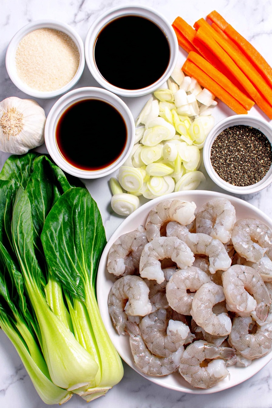Flat lay of peeled and deveined raw shrimp, thinly sliced white onion, a small white bowl of soy sauce, a small white bowl of oyster sauce, a small white bowl of granulated sugar, a small white bowl of avocado oil, a whole uncracked garlic clove, four baby bok choy pieces cut into 1-inch segments, two small carrots cut into matchsticks, a small white bowl of vegetable broth, a small white bowl of black pepper, thinly sliced green onions, and a portion of cooked lo mein noodles arranged neatly in a simple white ceramic plate, placed on a clean white marble surface, soft natural light, photo taken with an iPhone, professional food photography style, fresh ingredients, white ceramic bowls, no bottles, no duplicates, no utensils, no packaging --ar 2:3 --v 7 --p m7354615311229779997 - Shrimp Lo Mein Stir Fry, Chinese takeout-style shrimp stir fry, easy shrimp lo mein, quick shrimp stir fry recipe, homemade shrimp lo mein