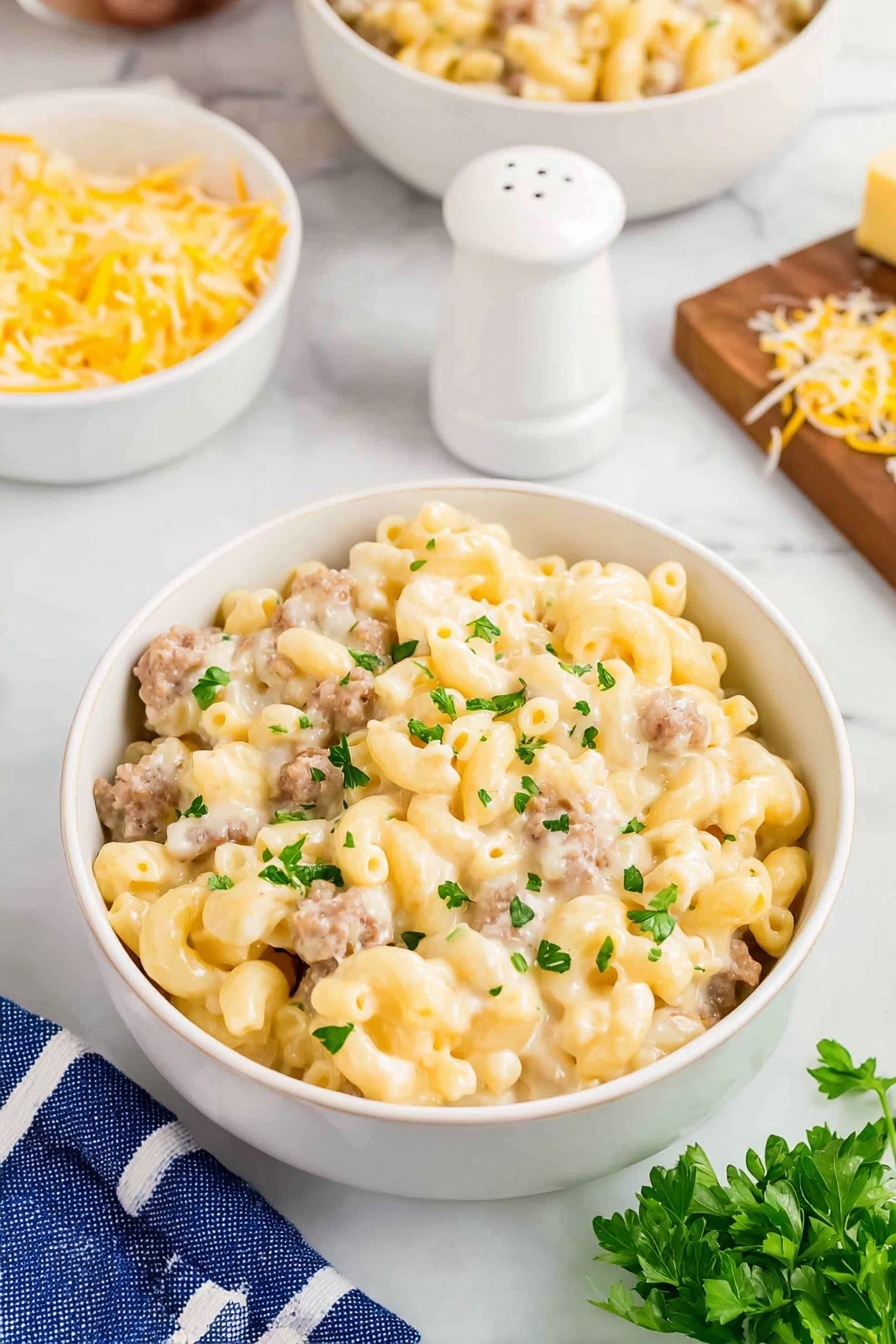The image shows a white bowl filled with creamy pasta that has three layers: a bottom layer of pale yellow cooked macaroni, a middle layer mixed with small chunks of light brown sausage, and a top layer of white cheese sauce sprinkled with a few green herb pieces. Behind it, two more white bowls hold the same dish, sitting on a white marbled surface. To the left, a wooden cutting board with grated cheese and a block of cheese is visible. A blue and white checkered cloth is partially seen in the lower-left corner. Some green herbs lay on the marble in the bottom right corner. The lighting is bright and natural, creating a fresh feel. Photo taken with an iphone --ar 2:3 --v 7 - Creamy Sausage Mac and Cheese, sausage mac and cheese, cheesy sausage pasta, comfort food recipes, easy sausage pasta