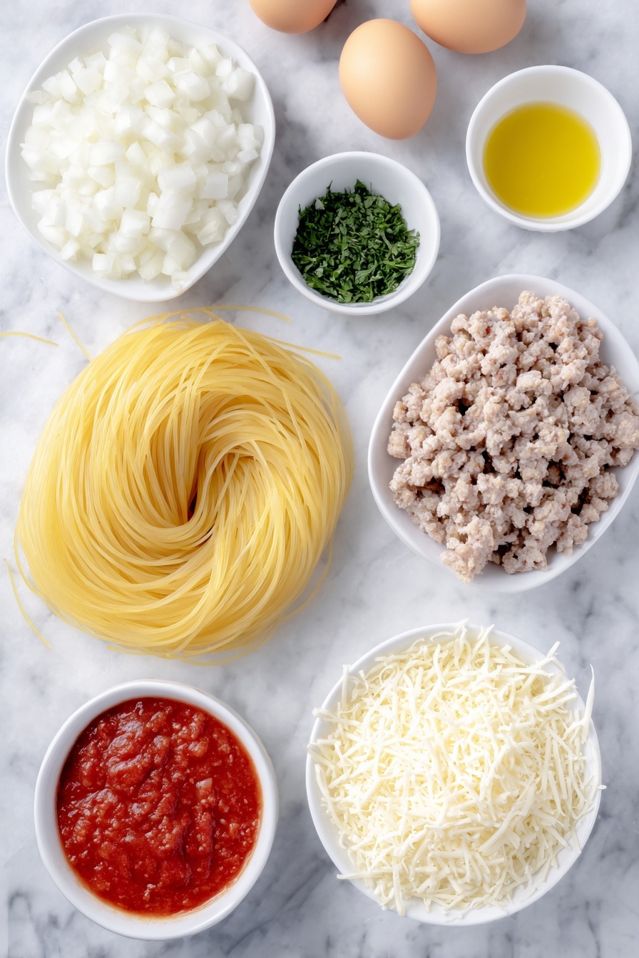 Flat lay of uncooked thin spaghetti pasta neatly coiled, a small pile of raw bulk sweet Italian sausage loosely arranged showing texture, roughly chopped fresh shiitake mushrooms with their caps and stems, a medium white onion diced into even chunks, two whole brown eggs with smooth uncracked shells, two cloves of fresh garlic with papery skin intact, a delicate handful of bright green chopped flat-leaf parsley, a small white ceramic bowl holding vibrant red marinara tomato sauce, another small white bowl filled with golden extra virgin olive oil, a simple white bowl of creamy white ricotta cheese, a neat mound of finely grated pale Parmesan cheese, and a small heap of shredded white mozzarella cheese, all placed on a clean white marble surface, soft natural light, photo taken with an iPhone, professional food photography style, fresh ingredients, white ceramic bowls, no bottles, no duplicates, no utensils, no packaging --ar 2:3 --v 7 --p m7354615311229779997 - Baked Spaghetti with Sausage and Cheese, comforting baked pasta with sausage, cheesy casserole spaghetti, family-friendly baked spaghetti, savory sausage pasta bake