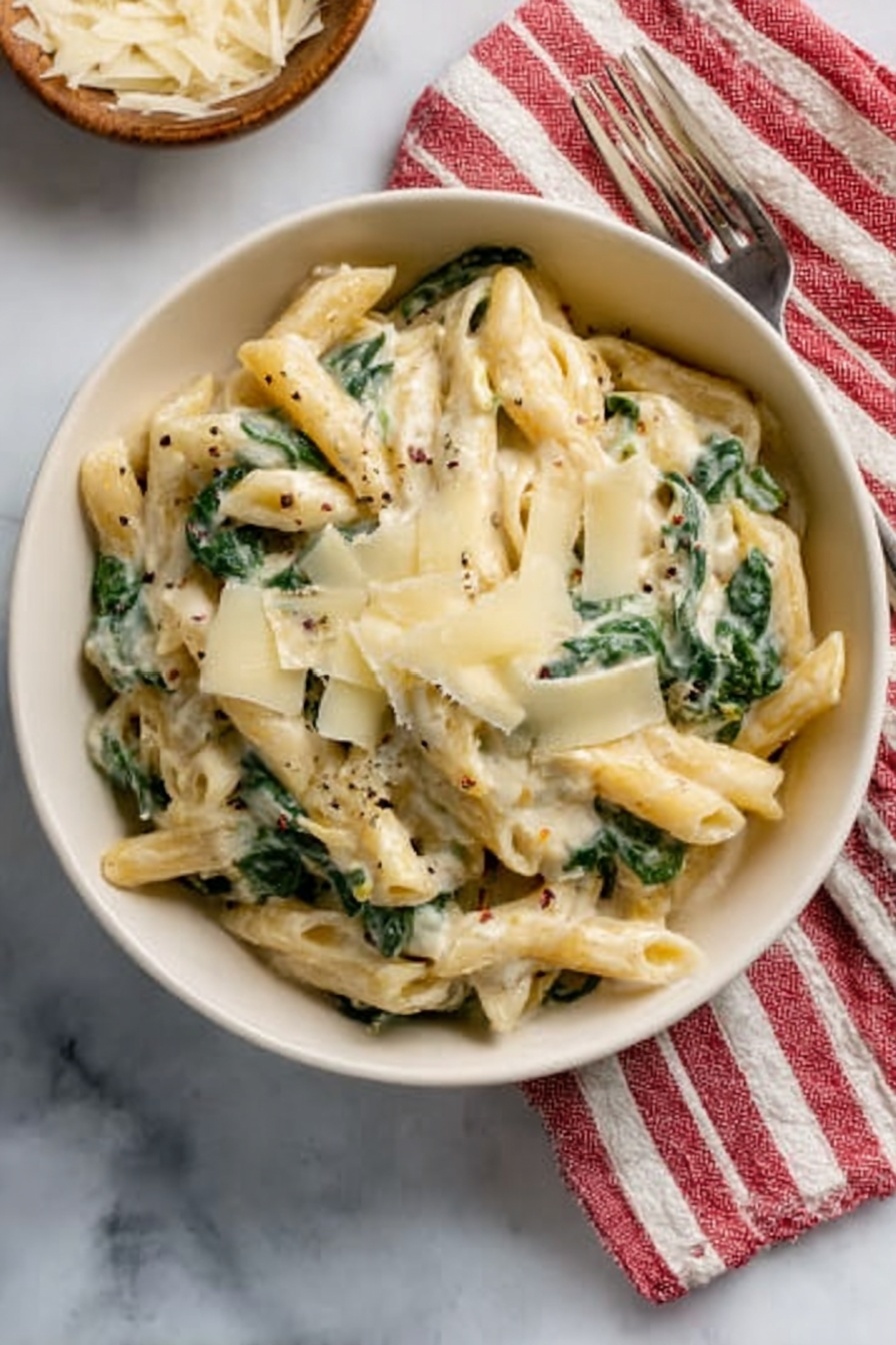 A white bowl filled with creamy pasta, showing three main layers: the bottom layer is light yellow penne pasta, the middle layer is green spinach pieces mixed evenly, and the top layer has thinly shaved pale yellow cheese slices scattered over the pasta. The pasta looks soft and coated in a white creamy sauce. The bowl sits on a white marbled surface next to a red and white striped cloth. photo taken with an iphone --ar 2:3 --v 7 - Creamy Chicken Spinach Pasta, Easy Chicken Pasta Recipes, Weeknight Pasta Dinner, Creamy Pasta with Spinach and Chicken, Quick Cheese Pasta Dishes