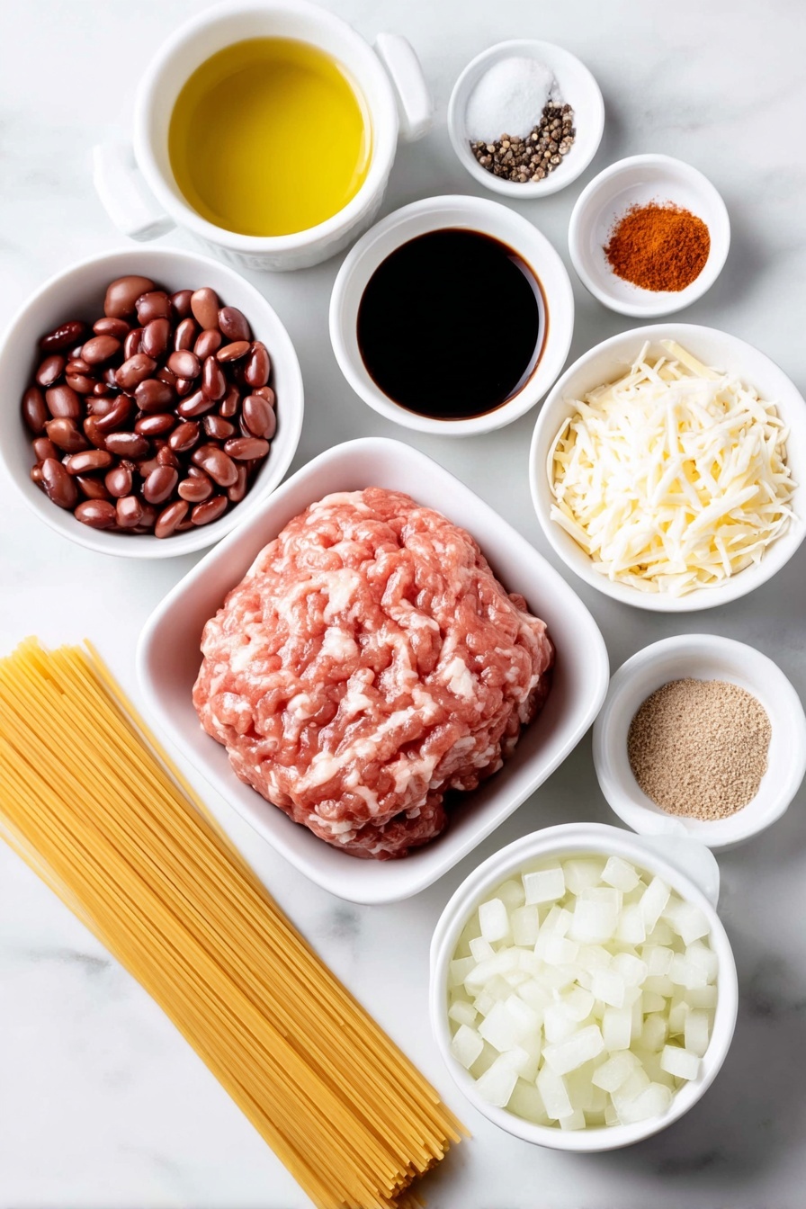 Flat lay of a small mound of fresh raw ground chuck meat shaped naturally, a small white ceramic bowl of golden olive oil, a small white ceramic bowl filled with diced white onions, a small white ceramic bowl with minced garlic cloves, a small white ceramic bowl of rich red tomato paste, a small white ceramic bowl of pale golden apple cider vinegar, a small white ceramic bowl with dark Worcestershire sauce, a small white ceramic bowl each holding tiny piles of ground cloves, ground cayenne pepper, chili powder, ground cinnamon, and ground allspice arranged symmetrically, a small white ceramic bowl of granulated sugar, a small white ceramic bowl of unsweetened cocoa powder, a small piece of unsulphured molasses block, a neat bundle of uncooked dry spaghetti pasta, a small white ceramic bowl filled with freshly shredded bright orange cheddar cheese, a small white ceramic bowl with rinsed black beans, a small white ceramic bowl with rinsed red kidney beans, a whole uncracked brown onion, and a small white ceramic bowl full of oyster crackers, all carefully balanced and evenly spaced, placed on a clean white marble surface, soft natural light, photo taken with an iPhone, professional food photography style, fresh ingredients, white ceramic bowls, no bottles, no duplicates, no utensils, no packaging --ar 2:3 --v 7 --p m7354615311229779997 - Cincinnati Chili Over Spaghetti, Cincinnati chili recipes, easy Cincinnati chili, Cincinnati-style chili, comfort food spaghetti dishes
