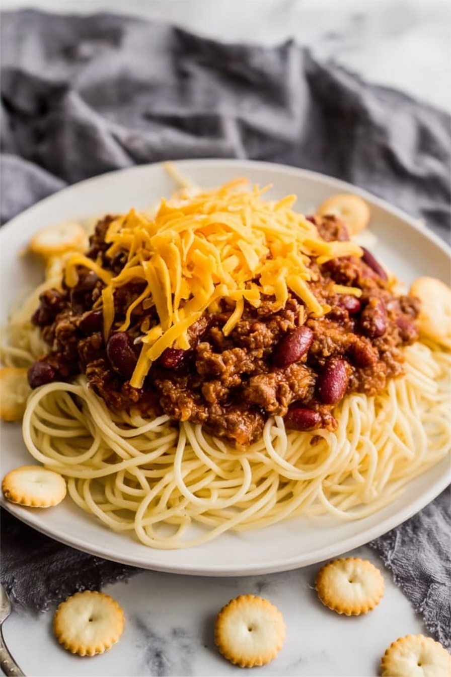 A white plate holds a layer of cooked spaghetti pasta, light yellow and smooth in texture, arranged in a loose pile. On top of the pasta is a thick layer of chili made with ground meat and red kidney beans, rich brown in color with chunks and a slightly glossy texture. Sprinkled over the chili is a generous amount of shredded bright orange cheddar cheese, adding a soft but firm texture. Scattered around the plate's edges are small round oyster crackers, pale cream in color and crunchy. The plate rests on a white marbled surface partially covered by a gray cloth. Photo taken with an iphone --ar 2:3 --v 7 - Cincinnati Chili Over Spaghetti, Cincinnati chili recipes, easy Cincinnati chili, Cincinnati-style chili, comfort food spaghetti dishes