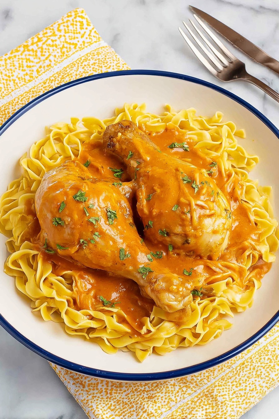 The image shows a white plate with a blue rim filled with yellow egg noodles as the base layer, roughly spread out. On top, there are two pieces of chicken, one thigh and one drumstick, covered in a thick orange sauce. The sauce is smooth and glossy, coating both the chicken and the noodles partially. The chicken pieces are sprinkled with small green herb leaves for garnish. The plate is set on a white marbled surface with a yellow and white patterned napkin and a silver fork beside it. photo taken with an iphone --ar 2:3 --v 7 - Authentic Chicken Paprikash, Hungarian Chicken Paprikash, Chicken Paprikash recipe, traditional Hungarian dish, easy Chicken Paprikash