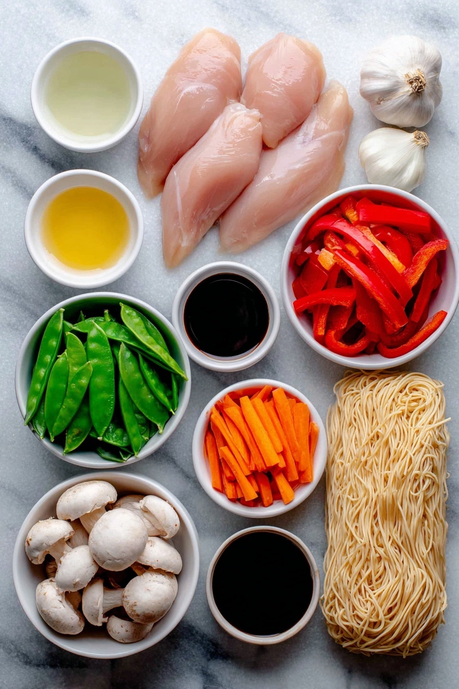 Flat lay of boneless skinless chicken breasts with smooth, pale pink flesh, three whole uncracked brown garlic cloves, a medium white onion cut in half showing its layers, a large red bell pepper sliced into thin vibrant red strips, a cluster of sliced white mushrooms with tan caps, a small white bowl filled with slender, bright orange matchstick carrots, a small white bowl with fresh crisp green snow peas, a small white bowl containing fresh green bok choy leaves, a small white bowl of clear golden chicken stock, a small white bowl of pale yellow lemon juice, a small white bowl of translucent rice wine vinegar, a small white bowl of thick dark reddish-brown Hoisin sauce, a small white bowl holding glossy dark soy sauce, and a neat bundle of pale tan rice stir-fry noodles broken in half -- all ingredients arranged symmetrically with perfect balance, placed on a clean white marble surface, soft natural light, photo taken with an iPhone, professional food photography style, fresh ingredients, white ceramic bowls, no bottles, no duplicates, no utensils, no packaging --ar 2:3 --v 7 --p m7354615311229779997 - Instant Pot Chicken Lo Mein, quick Chinese stir-fry, easy chicken noodle dinner, weeknight Instant Pot recipes, savory noodle dishes