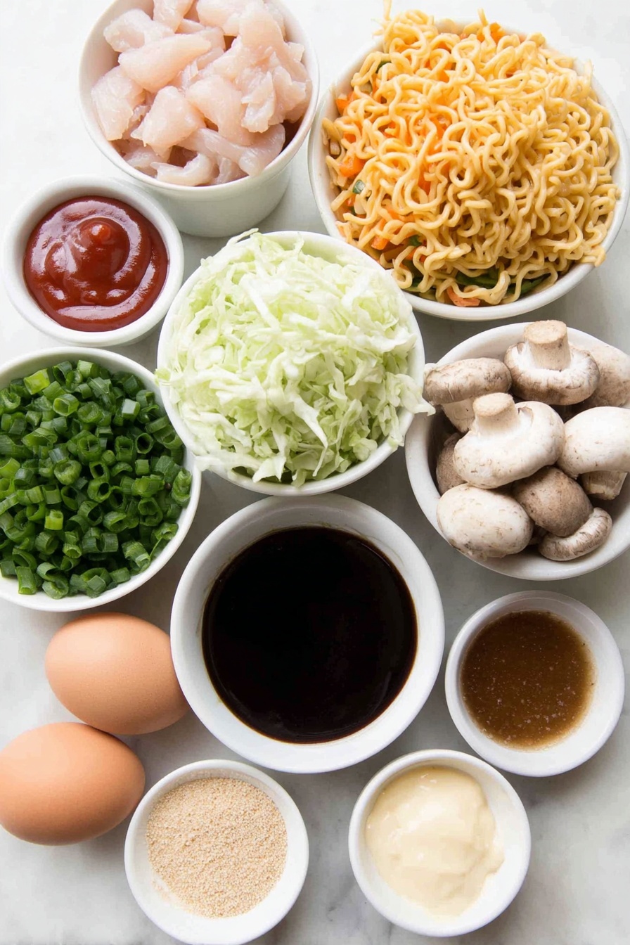 Flat lay of fresh sliced raw chicken breast strips, bright red bell pepper cut into thin long strips, whole fresh button mushrooms sliced in half, shredded green cabbage pile, slender matchstick carrots, white and light green portions of chopped green onions in a small neat mound, vibrant green portions of green onion cut into 2-inch strips, a small white ceramic bowl of glossy dark soy sauce, a small white ceramic bowl of thick reddish ketchup, a small white ceramic bowl of dark Worcestershire sauce, a small white ceramic bowl with sticky light brown packed sugar, a small white ceramic bowl of shiny oyster sauce, a small white ceramic bowl holding amber sesame oil, a small white ceramic bowl with pale creamy garlic stir-in paste, a small white ceramic bowl with soft yellow ginger stir-in paste, a small portion of fresh uncooked yellow yakisoba noodles arranged neatly without packaging, a small white ceramic bowl with golden vegetable oil, a small white ceramic bowl with chopped raw peanuts, whole uncracked brown eggs arranged symmetrically -- all ingredients fresh and natural, no packaging, placed on a clean white marble surface, soft natural light, photo taken with an iPhone, professional food photography style, fresh ingredients, white ceramic bowls, no bottles, no duplicates, no utensils, no packaging --ar 2:3 --v 7 --p m7354615311229779997 - Chicken Yakisoba Stir-Fry, Chicken Yakisoba, stir-fry dinner, Japanese-style noodle recipe, easy Japanese stir-fry