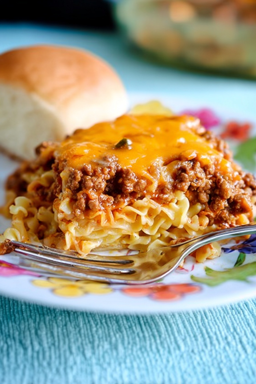 A close-up of a slice of baked pasta on a white plate with colorful flower patterns, showing three layers: the bottom layer of pale yellow cooked noodles, the middle layer of brown ground meat mixed with small pieces of vegetables, and the top layer of melted orange cheese covering the meat. A silver fork is inserted into the slice from the left side, and a light brown bread roll is placed in the background. The plate sits on a light blue textured surface, and the background is softly blurred. photo taken with an iphone --ar 2:3 --v 7 - Sour Cream Noodle Bake, Easy Ground Beef Casserole, Creamy Baked Noodles, Cozy Weeknight Dinner, Cheesy Pasta Bake
