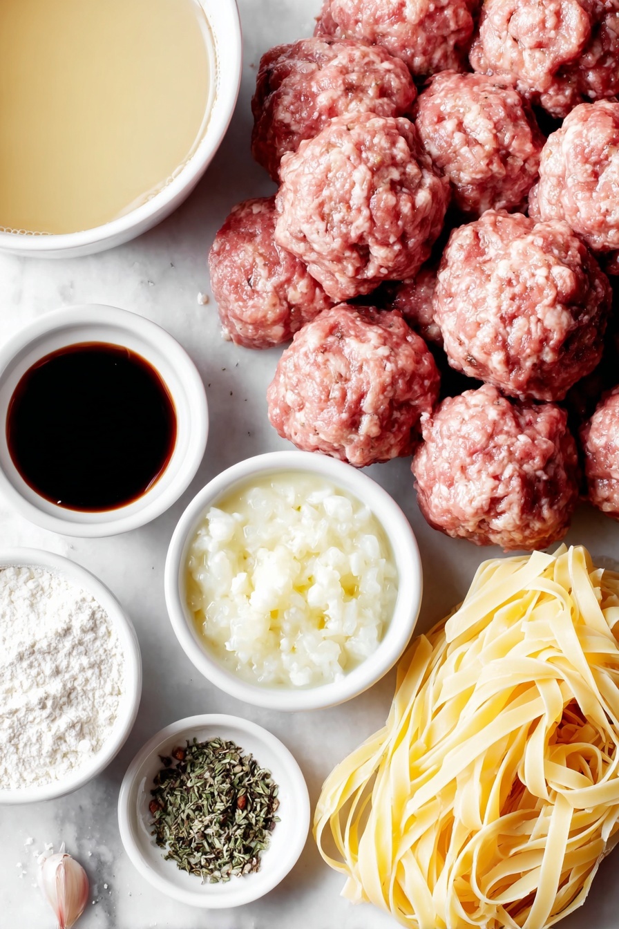 Flat lay of fresh whole uncooked beef meatballs, a small white bowl of rich low sodium beef broth, a small white bowl of creamy half and half, a small white bowl with dark Worcestershire sauce, two cloves of garlic with skins intact, a small pile of dried parsley flakes, a small pile of coarse salt, a small pile of dried thyme, a small pile of freshly cracked black pepper, a neat bundle of extra broad egg noodles, a small white bowl of white corn starch powder, all arranged symmetrically on a clean white marble surface, soft natural light, photo taken with an iPhone, professional food photography style, fresh ingredients, white ceramic bowls, no bottles, no duplicates, no utensils, no packaging --ar 2:3 --v 7 --p m7354615311229779997 - Creamy Swedish Meatball Noodles Skillet, Swedish meatballs with creamy sauce, easy comfort food recipes, one-pan dinner ideas, family-friendly skillet meals