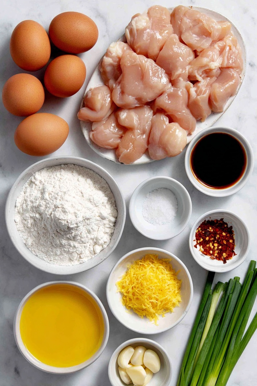 Flat lay of boneless skinless chicken breasts cut into bite-size pieces arranged neatly, three whole uncracked brown eggs, a small white ceramic bowl of cornstarch, a small white ceramic bowl of flour mixed with salt, a small mound of bright orange zest from one orange, a small white ceramic bowl filled with fresh orange juice, a small white ceramic bowl of granulated sugar, a small white ceramic bowl of clear rice vinegar, a small white ceramic bowl of dark soy sauce, a small white ceramic bowl containing finely diced garlic cloves, a small white ceramic bowl with red chili flakes, a small bundle of fresh green onions with green and white parts visible, placed on a clean white marble surface, soft natural light, photo taken with an iPhone, professional food photography style, fresh ingredients, white ceramic bowls, no bottles, no duplicates, no utensils, no packaging --ar 2:3 --v 7 --p m7354615311229779997 - Chinese Orange Chicken, crispy orange chicken, homemade Chinese take-out, orange chicken sauce, easy Chinese chicken recipe