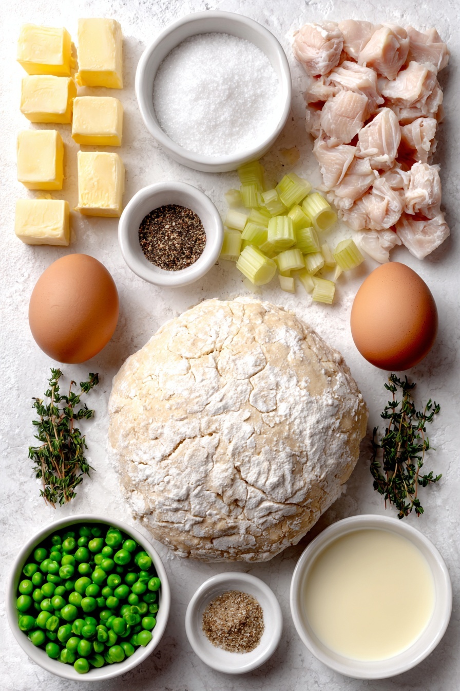 Flat lay of a ball of pale beige homemade pie crust dough, raw cubed skinless boneless chicken breast pieces, two peeled whole carrots sliced into rounds, several fresh celery stalks sliced, a small pile of unsalted golden butter cubes, half of a small yellow onion chopped, a few garlic cloves peeled and minced, a small mound of all-purpose flour, a small white bowl filled with coarse salt, a small white bowl of freshly ground black pepper, fresh dried thyme leaves loose, a small white bowl of clear golden chicken broth, a small white bowl of creamy half-and-half, a small pile of bright green frozen peas, one whole uncracked brown egg, a small white bowl of milk, and a few sprigs of fresh green thyme arranged with perfect symmetry in simple white ceramic bowls and plates, placed on a clean white marble surface, soft natural light, photo taken with an iPhone, professional food photography style, fresh ingredients, white ceramic bowls, no bottles, no duplicates, no utensils, no packaging --ar 2:3 --v 7 --p m7354615311229779997 - Best Chicken Pot Pie, chicken pot pie with flaky crust, hearty chicken and vegetable pie, comfort food chicken pie, homemade chicken pot pie