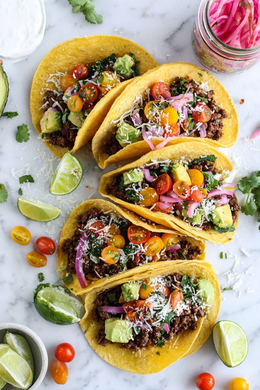 The image shows five soft yellow corn tortillas arranged in a loose circle on a white marbled surface, each filled with layers of dark brown cooked ground meat, bright green avocado chunks, colorful halves of red, yellow, and orange cherry tomatoes, fresh chopped cilantro, thin strips of purple pickled onion, and small white shredded cheese scattered on top. Lime wedges and whole cherry tomatoes are placed around the tortillas as garnish. A glass jar with pickled onions and a small white bowl of sour cream are partially visible near the edges. The scene feels fresh and vibrant, with a casual, inviting look. photo taken with an iphone --ar 2:3 --v 7 - Quick Ground Beef Tacos, ground beef taco recipe, easy weeknight tacos, quick dinner ideas, flavorful taco dinner