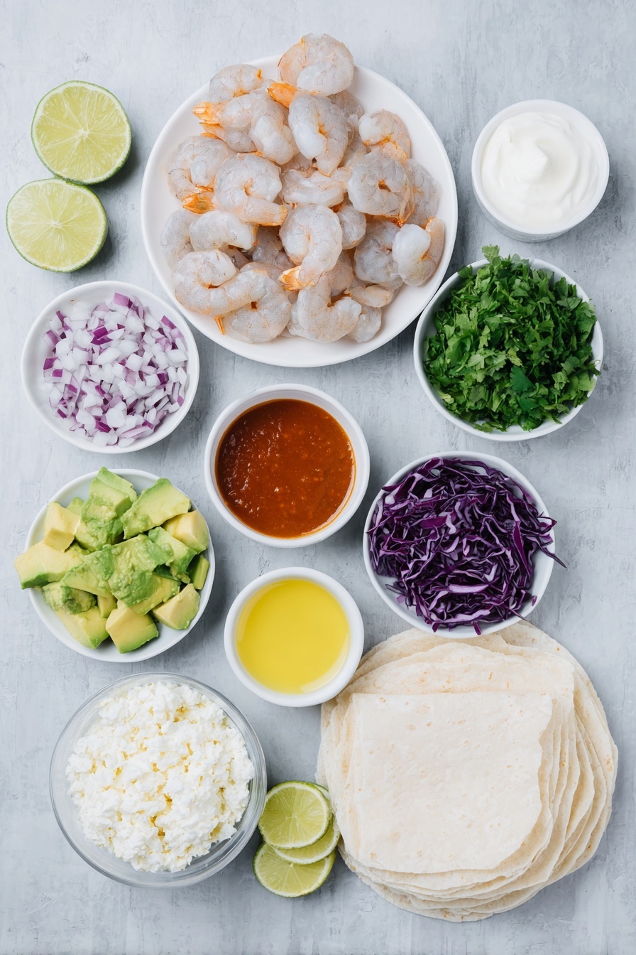 Flat lay of fresh raw shrimp with glistening shells, a halved ripe avocado diced into chunks, thinly shredded vibrant purple cabbage, finely diced bright red onion, a small handful of coarsely chopped fresh cilantro leaves, a small white bowl of creamy sour cream, another small white bowl with smooth mayonnaise, a small white bowl containing freshly squeezed lime juice, a few whole garlic cloves unpeeled, a small white bowl holding a deep orange-red Sriracha sauce, a small white bowl of golden olive oil, a neat mound of crumbly white Cotija cheese, a small pile of white corn tortillas stacked evenly, and a fresh lime cut into eight wedges all arranged in perfect symmetry on simple white ceramic bowls and plates placed on a clean white marble surface, soft natural light, photo taken with an iPhone, professional food photography style, fresh ingredients, white ceramic bowls, no bottles, no duplicates, no utensils, no packaging --ar 2:3 --v 7 --p m7354615311229779997 - Shrimp Taco with Cilantro Lime Sauce, shrimp taco recipe, cilantro lime shrimp tacos, easy shrimp tacos, quick seafood tacos