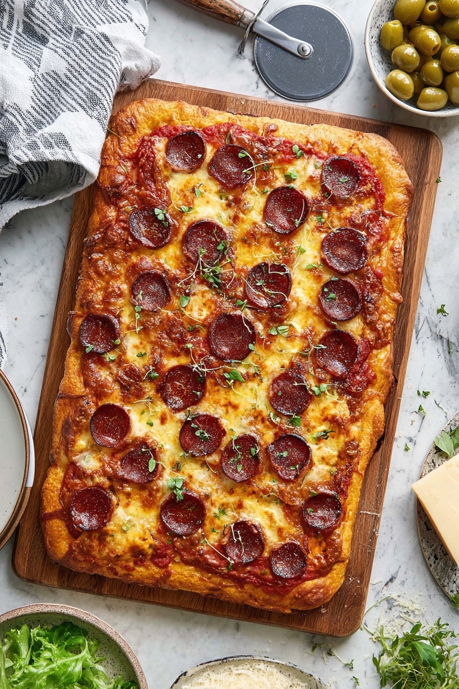 A rectangular pizza with a golden brown thick crust sits on a wooden board. The pizza has a base layer of red tomato sauce, topped with melted yellow and white cheese that is bubbly and slightly browned in parts. Scattered evenly across the surface are many dark red pepperoni slices, some overlapping. Small green herb leaves are sprinkled on top, adding color contrast. The background is a white marbled texture, with a gray pizza cutter and a folded striped cloth on the top left, a white bowl with green olives at the top right, and some loose green herbs around the pizza. A white plate with green salad and a grater with a block of cheese are partially visible at the bottom right. Photo taken with an iphone --ar 2:3 --v 7 - Homemade Pepperoni Pizza, Easy homemade pizza dough, Fresh pizza sauce, How to make pepperoni pizza, Quick homemade pizza recipe