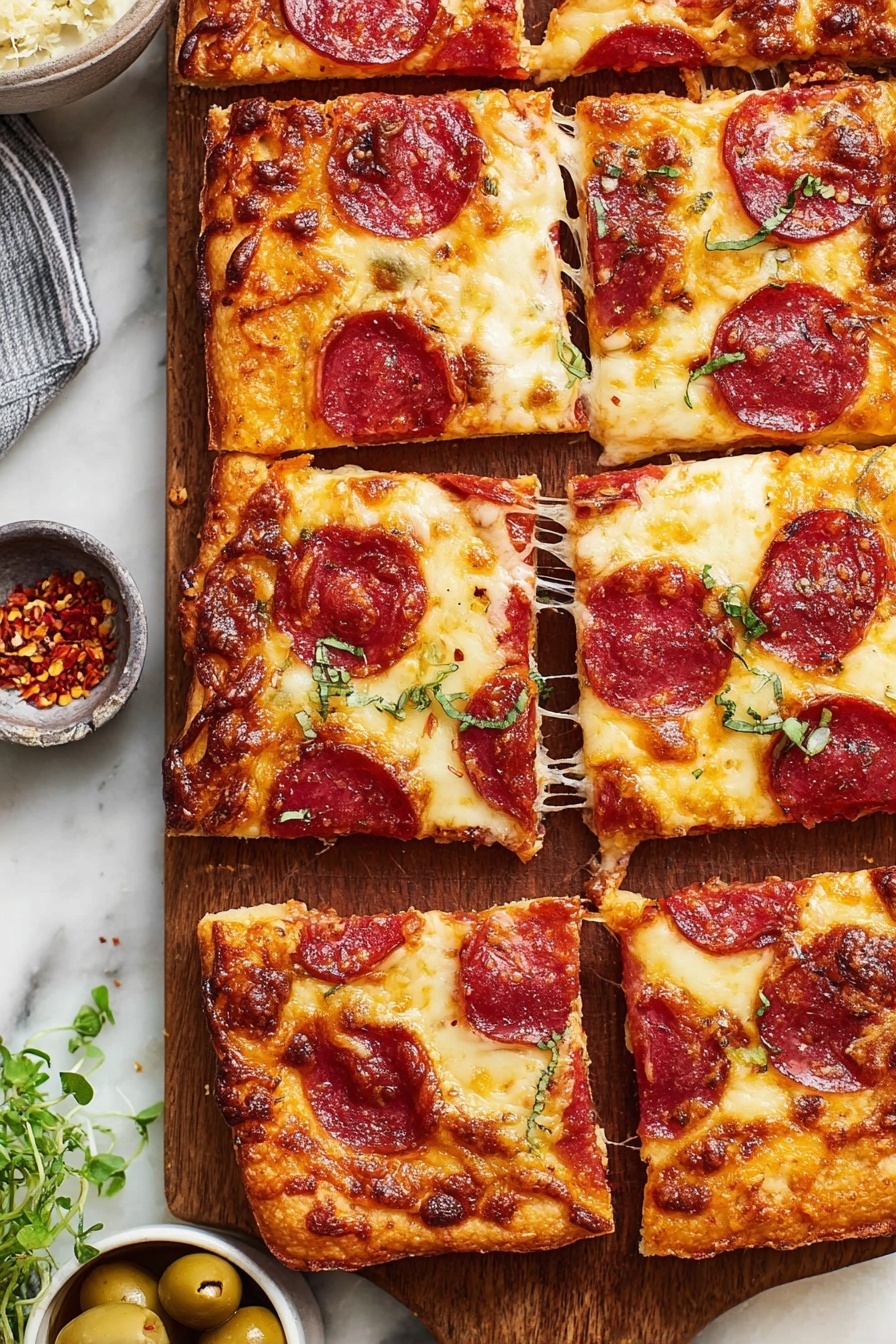 A rectangular pepperoni pizza sliced into nine square pieces sits on a wooden board. The crust is golden brown and thick, with melted cheese covering the entire pizza in a creamy white and light golden texture. Bright red pepperoni slices with slightly curled edges are spread evenly on top of the cheese. Small green herb leaves are scattered across the pizza, adding a fresh pop of color. One slice is lifted slightly showing a stretch of melted cheese between the slice and the rest of the pizza. The wooden board and pizza are on a white marbled surface with small bowls of olives and red chili flakes, and a sprig of fresh herbs in the background. Photo taken with an iphone --ar 2:3 --v 7 - Homemade Pepperoni Pizza, Easy homemade pizza dough, Fresh pizza sauce, How to make pepperoni pizza, Quick homemade pizza recipe