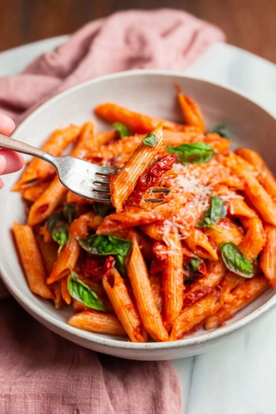 A white bowl filled with red penne pasta coated in tomato sauce. The pasta is layered with small green basil leaves scattered on top. A woman's hand holds a silver fork lifting a bite of pasta with a piece of sun-dried tomato and some grated cheese visible on top. The background is a white marbled surface with a soft pink cloth near the bowl, creating a cozy setting. photo taken with an iphone --ar 2:3 --v 7 - Quick Penne Pomodoro with Fresh Basil, easy pasta recipe, fast Italian dinner, simple tomato basil pasta, quick vegetarian pasta