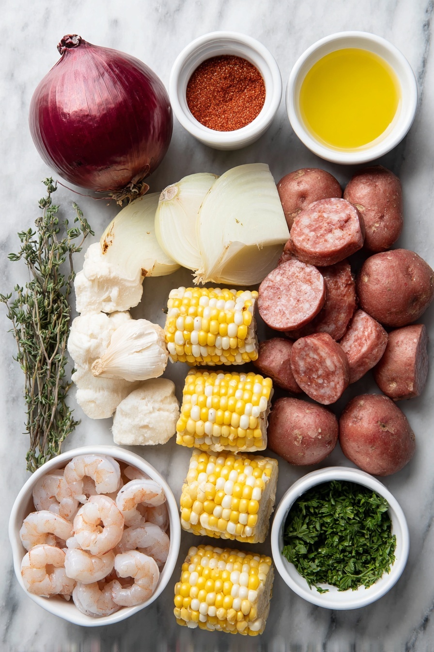 Flat lay of a large red onion quartered into wedges, a whole garlic bulb halved horizontally showing cloves, a small white ceramic bowl filled with bright reddish Old Bay seasoning powder, fresh thyme sprigs with delicate green leaves, several medium red potatoes cut into fourths with smooth skin, four husked corn ears broken into halves with bright yellow kernels, thick slices of reddish-brown andouille sausage showing marbling, a pile of plump raw pink shrimp with shells peeled and deveined, a small white bowl of melted golden butter, another small white bowl with fresh lemon juice, and a few sprigs of finely chopped fresh green parsley, all arranged symmetrically and naturally without any packaging, placed on a clean white marble surface, soft natural light, photo taken with an iPhone, professional food photography style, fresh ingredients, white ceramic bowls, no bottles, no duplicates, no utensils, no packaging --ar 2:3 --v 7 --p m7354615311229779997 - Shrimp Boil, Shrimp Boil with Old Bay Seasoning, seafood boil recipe, easy seafood boil, Cajun shrimp boil