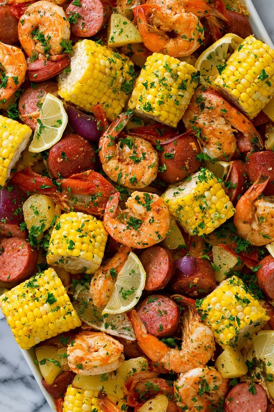 The image shows a colorful seafood boil with several layers mixed together. The first layer consists of chunky pieces of bright yellow corn on the cob with visible kernels, evenly spread across the dish. On top of that are many plump shrimp with an orange-pink color and a slightly shiny, cooked texture. Interspersed among the shrimp and corn are thick slices of reddish sausage with a smooth surface, and chunks of red-skinned potatoes with a soft texture. Thin lemon wedges with yellow skin and juicy white flesh are scattered in various places. The entire dish is sprinkled with finely chopped green parsley, adding a fresh touch. The food rests on a white marbled surface that enhances the vibrant colors. Photo taken with an iphone --ar 2:3 --v 7 - Shrimp Boil, Shrimp Boil with Old Bay Seasoning, seafood boil recipe, easy seafood boil, Cajun shrimp boil