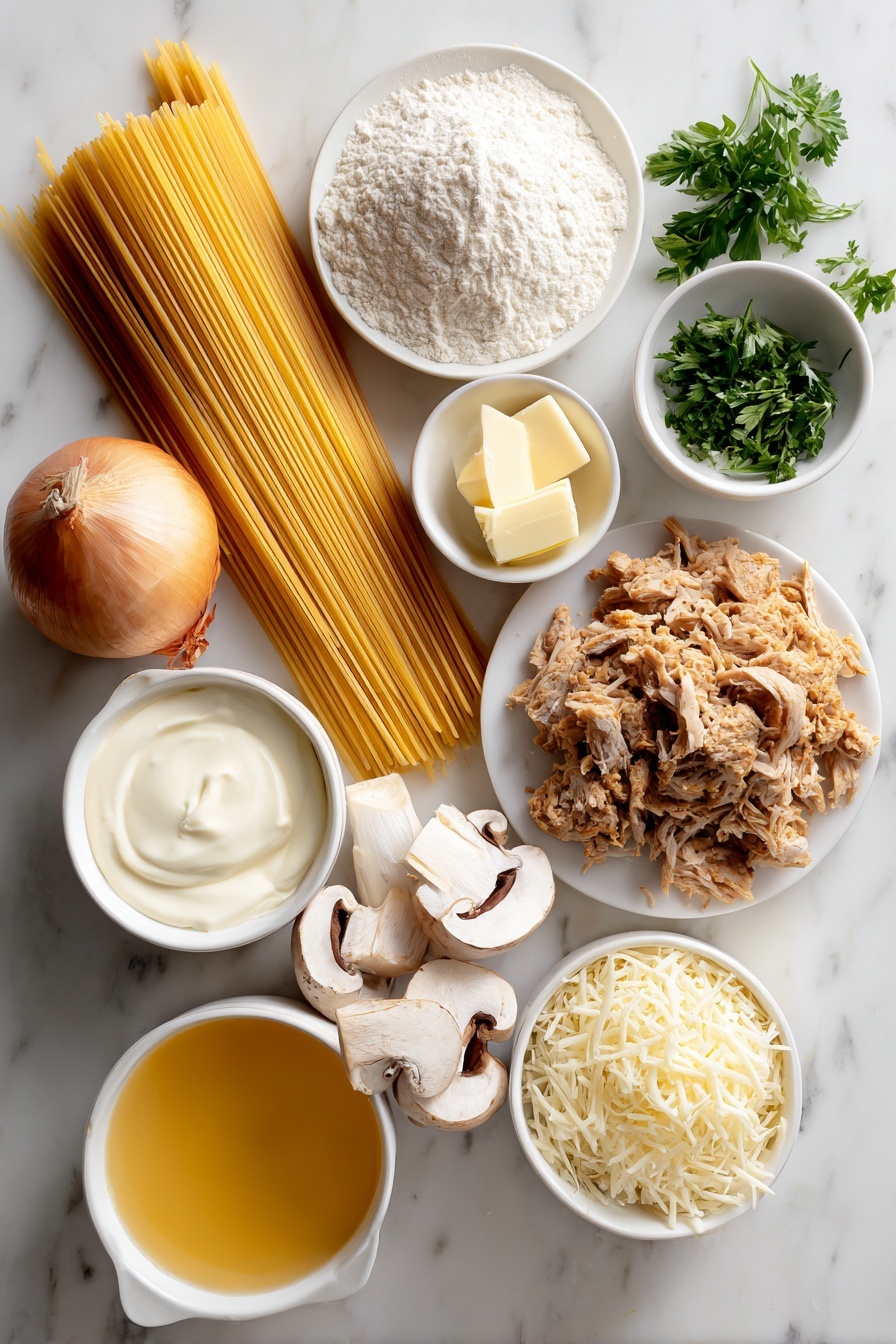 Flat lay of a bundle of uncooked spaghetti strands, a few small cubes of salted butter, one whole uncracked brown onion, three cloves of garlic with papery skins, a handful of sliced fresh white mushrooms, a small mound of all-purpose flour on a white ceramic plate, a small white bowl filled with golden chicken broth, a small white bowl with smooth garlic-flavored cream cheese, a small white bowl containing creamy half and half, a small bunch of bright green fresh parsley sprigs, a small pile of cooked chopped turkey meat, a small mound of shredded mozzarella cheese, and a tiny white bowl holding grated Parmesan cheese, all arranged symmetrically on a clean white marble surface, soft natural light, photo taken with an iPhone, professional food photography style, fresh ingredients, white ceramic bowls, no bottles, no duplicates, no utensils, no packaging --ar 2:3 --v 7 --p m7354615311229779997 - Creamy Turkey Tetrazzini Pasta Bake, Turkey tetrazzini casserole, cheesy turkey pasta bake, hearty turkey pasta recipe, leftover turkey dinner ideas