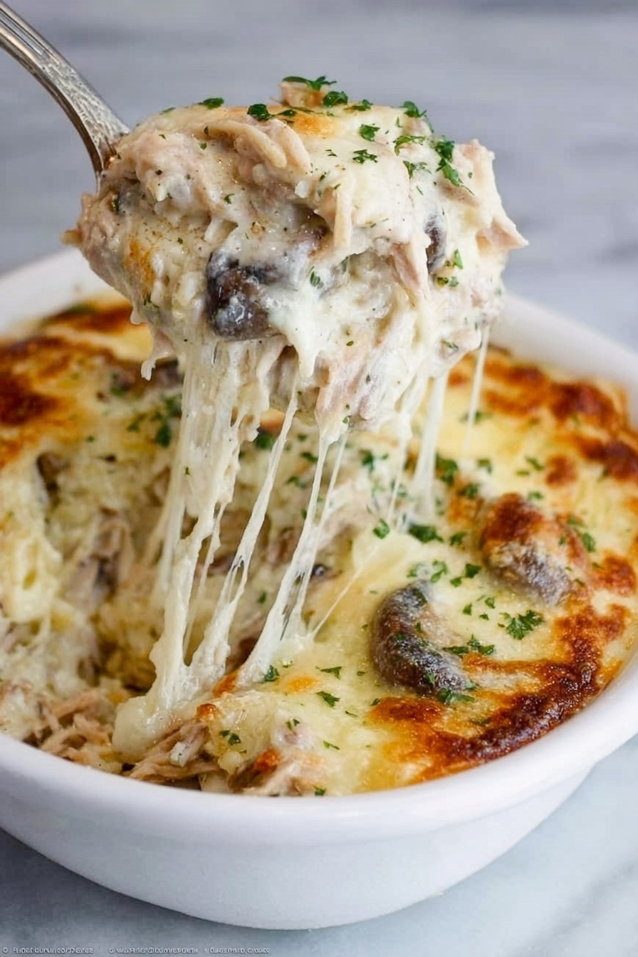 The image shows a close-up of a white bowl filled with several layers of creamy spaghetti pasta. The bottom layer is light beige spaghetti, covered by a thick white sauce with small green parsley pieces sprinkled on top. The sauce looks rich and smooth, with some small bits of chicken or vegetables visible. The bowl is placed on a white marbled surface next to a silver fork with detailed edges. The background is softly blurred, showing another dish out of focus. photo taken with an iphone --ar 2:3 --v 7 - Creamy Turkey Tetrazzini Pasta Bake, Turkey tetrazzini casserole, cheesy turkey pasta bake, hearty turkey pasta recipe, leftover turkey dinner ideas
