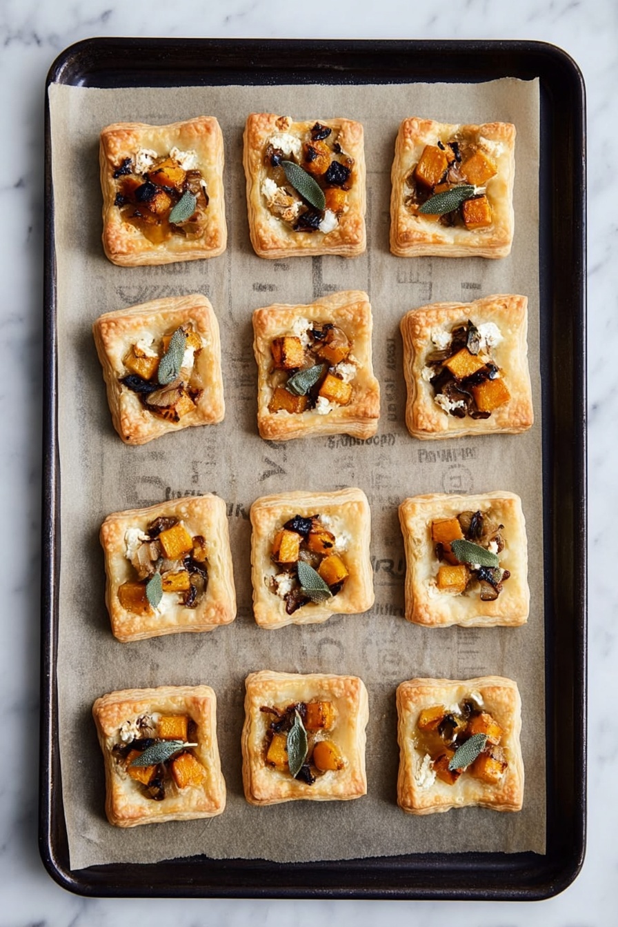 Twelve small square pastries are arranged in a 4 by 3 grid on parchment paper lined on a dark baking tray. Each pastry has a golden-brown puff crust with a slightly raised edge around the border. Inside each crust, there are layers of small golden-orange cubes, dark bits resembling cooked mushrooms or caramelized onions, and light crumbles of cheese, all topped with thin strips of green herb, possibly sage. The pastries have a slightly glossy finish on top, and the parchment paper beneath them has faint printed text. The tray is placed on a white marbled surface. photo taken with an iphone --ar 2:3 --v 7 - Mini Butternut Squash Tarts, butternut squash appetizer, fall appetizer recipes, puff pastry tart ideas, easy holiday starters