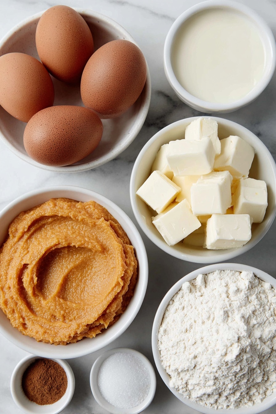 Flat lay of a small white ceramic bowl filled with smooth bright orange butternut squash puree, a small white ceramic bowl holding thick creamy sweetened condensed milk, two large whole uncracked brown eggs with clean shells, a small white ceramic bowl with ground cinnamon powder, a small white ceramic bowl containing ground ginger powder, a small white ceramic bowl with ground nutmeg, a small white ceramic bowl of ground cloves, a small white ceramic bowl with freshly ground black pepper, a small white ceramic bowl of fine salt, a small white ceramic bowl with unbleached all-purpose flour, a small white ceramic bowl filled with granulated sugar, neat small cubes of cold unsalted butter arranged directly on the white marble surface — all ingredients fresh and natural, perfectly balanced and symmetrical, placed on a clean white marble surface, soft natural light, photo taken with an iPhone, professional food photography style, fresh ingredients, white ceramic bowls, no bottles, no duplicates, no utensils, no packaging --ar 2:3 --v 7 --p m7354615311229779997 - Butternut Squash Pie, Autumn dessert recipes, Cozy pie ideas, Easy fall desserts, Homemade squash pie