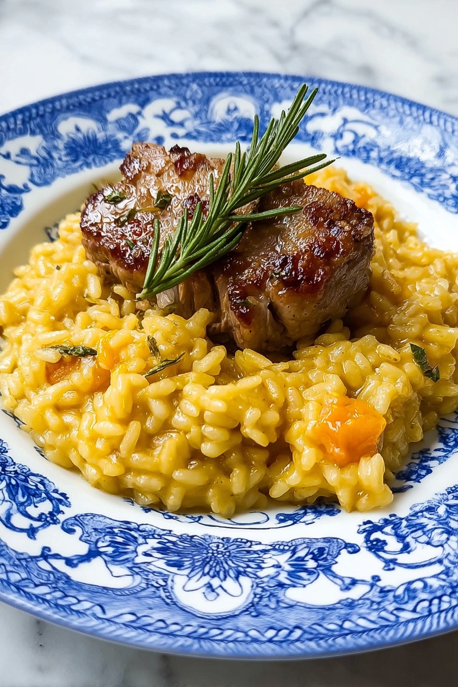 A bowl of creamy risotto with orange pieces of roasted pumpkin mixed throughout the rice. The risotto has a soft, slightly glossy texture giving it a rich look, with small green herb bits scattered inside. On top, there is a light layer of grated white cheese that adds a fine, feathery detail. The dish is served in a white bowl with a pale peach inner surface sitting on a dark blue woven mat, and a silver spoon is partially visible on the right side. photo taken with an iphone --ar 2:3 --v 7 - Butternut Squash Risotto with Saffron, creamy butternut squash risotto, saffron flavored risotto, cozy fall risotto, vegetarian saffron risotto