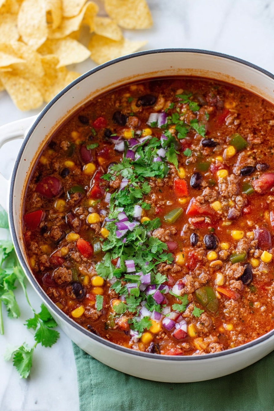A white pot filled with chili showing layers of rich red sauce, mixed with ground meat, black beans, pinto beans, diced red and green peppers, yellow corn kernels, and small pieces of onion. The top is sprinkled with fresh green cilantro leaves and finely chopped purple onion pieces. The pot sits on a green cloth on a white marbled surface, with some light yellow potato chips loosely piled in the background. Photo taken with an iphone --ar 2:3 --v 7 - Beef Taco Soup, Taco Soup Recipe, Easy Taco Soup, Hearty Taco Soup, One-Pot Taco Soup