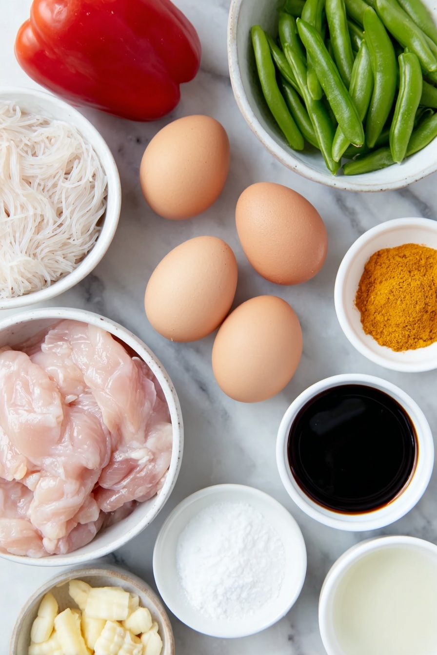 Flat lay of a small bundle of dried rice vermicelli noodles, thinly sliced raw chicken thighs with pale pink flesh, three whole uncracked brown eggs, one whole fresh red bell pepper, one small whole yellow onion, a handful of bright green snap peas with ends removed, a small pile of fresh baby corn ears, four peeled garlic cloves, a small white ceramic bowl of golden yellow curry powder, a small white ceramic bowl of dark brown hoisin sauce, a small white ceramic bowl of light brown soy sauce, a small white ceramic bowl of clear Shaoxing wine, a small white ceramic bowl of white granulated sugar, a small white ceramic bowl of translucent cornstarch powder, a small white ceramic bowl of clear vegetable oil, all ingredients arranged symmetrically and with realistic proportions, placed on a clean white marble surface, soft natural light, photo taken with an iPhone, professional food photography style, fresh ingredients, white ceramic bowls, no bottles, no duplicates, no utensils, no packaging --ar 2:3 --v 7 --p m7354615311229779997 - Singapore Curry Noodles with Chicken, Singapore Curry Noodles, Curry Noodles with Chicken, Easy Singapore Curry Noodles, Quick Asian Noodle Recipes