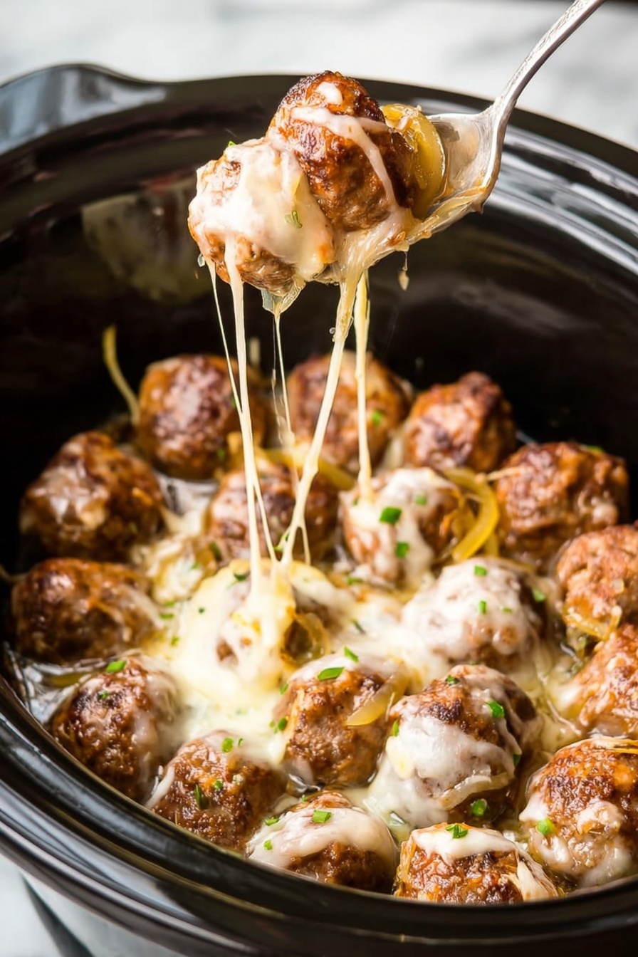 The image shows a round black slow cooker filled with small, browned meatballs covered in melted white cheese, with some thin, yellow cooked onion slices mixed in. The cheese looks stretchy as a silver spoon lifts several meatballs and onions out of the cooker, creating long melted cheese strings. The meatballs are arranged in a circle inside the slow cooker. Some small green herb pieces are sprinkled on the meatballs. The background is a white marbled texture. Photo taken with an iphone --ar 2:3 --v 7 - French Onion Meatballs, slow cooker meatballs, onion-flavored meatballs, easy slow cooker dinner, hearty family-friendly meal