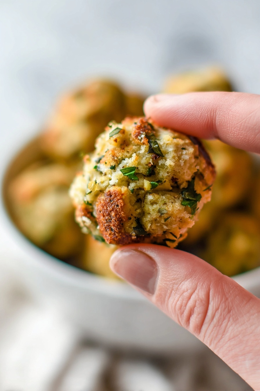 A close-up of a small round food ball held between a woman's thumb and forefinger. The ball has a rough texture made of small golden bread-like cubes mixed with green herbs and seasoning, giving it a slightly crispy look. In the background, there is a white bowl holding more of the same balls, with a soft white marbled surface beneath. The focus is sharp on the ball and fingers, while the background is softly blurred. photo taken with an iphone --ar 2:3 --v 7 - Baked Stuffing Balls, stuffing balls recipe, holiday stuffing side dish, easy stuffing balls, baked stuffing appetizer