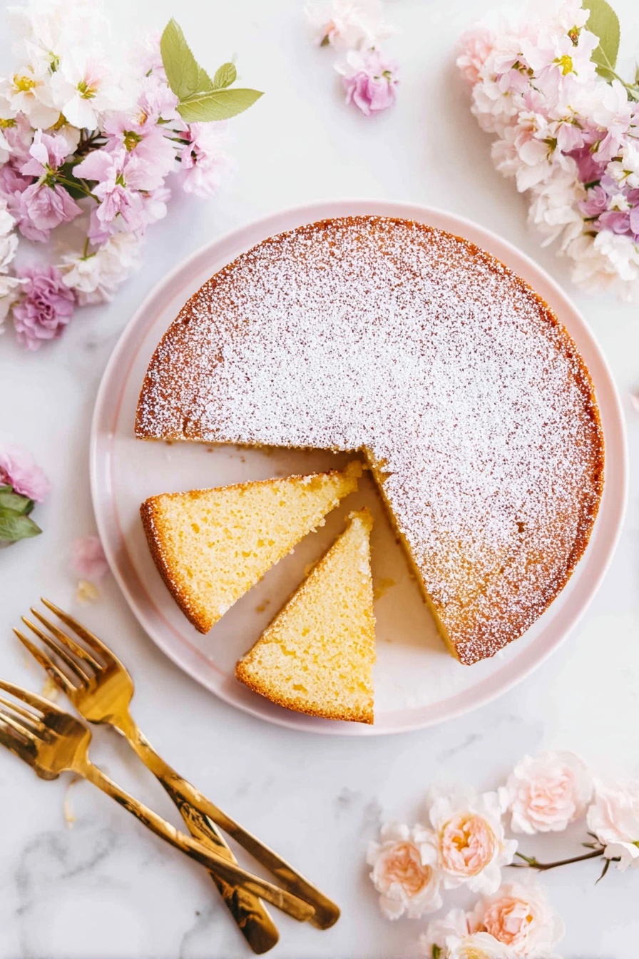 A round cake with a golden brown top dusted evenly with powdered sugar sits on a white plate. Two slices are taken out and placed partly overlapping inside the cake’s empty space, showing a soft, light yellow inside with a slightly shiny texture. Around the plate are clusters of light pink and white flowers and a set of gold forks on a white marbled surface. The photo taken with an iphone --ar 2:3 --v 7 - French Butter Cake, easy French cake, moist butter cake, simple French dessert, buttery cake recipe