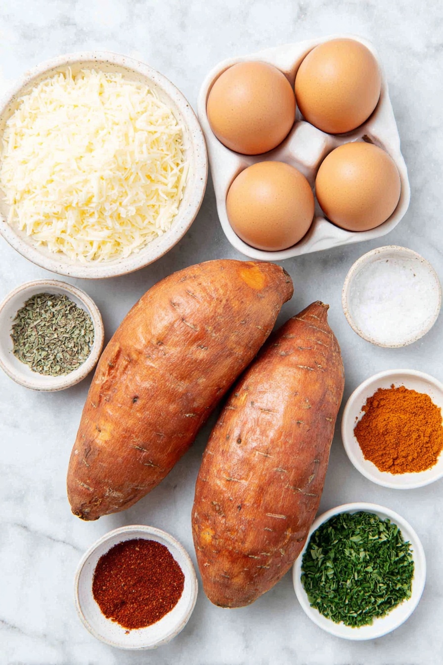 Flat lay of two large whole sweet potatoes with bright orange skin, three whole uncracked brown eggs, a small white ceramic bowl filled with finely grated pale yellow Parmesan cheese, a small white bowl containing coarse salt crystals, another small white bowl with coarse ground black pepper, a small white bowl with fine garlic powder, a small white bowl holding dried green parsley flakes, a small white bowl containing dried oregano leaves, a small white bowl with vibrant red paprika powder, and a tiny white bowl with deep orange cayenne pepper powder, all arranged in perfect symmetry on a clean white marble surface, soft natural light, photo taken with an iPhone, professional food photography style, fresh ingredients, white ceramic bowls, no bottles, no duplicates, no utensils, no packaging --ar 2:3 --v 7 --p m7354615311229779997 - Garlic Parmesan Sweet Potato Wedges, Sweet Potato Wedges recipe, Crispy sweet potato side, Easy vegetable side dish, Baked sweet potato wedges