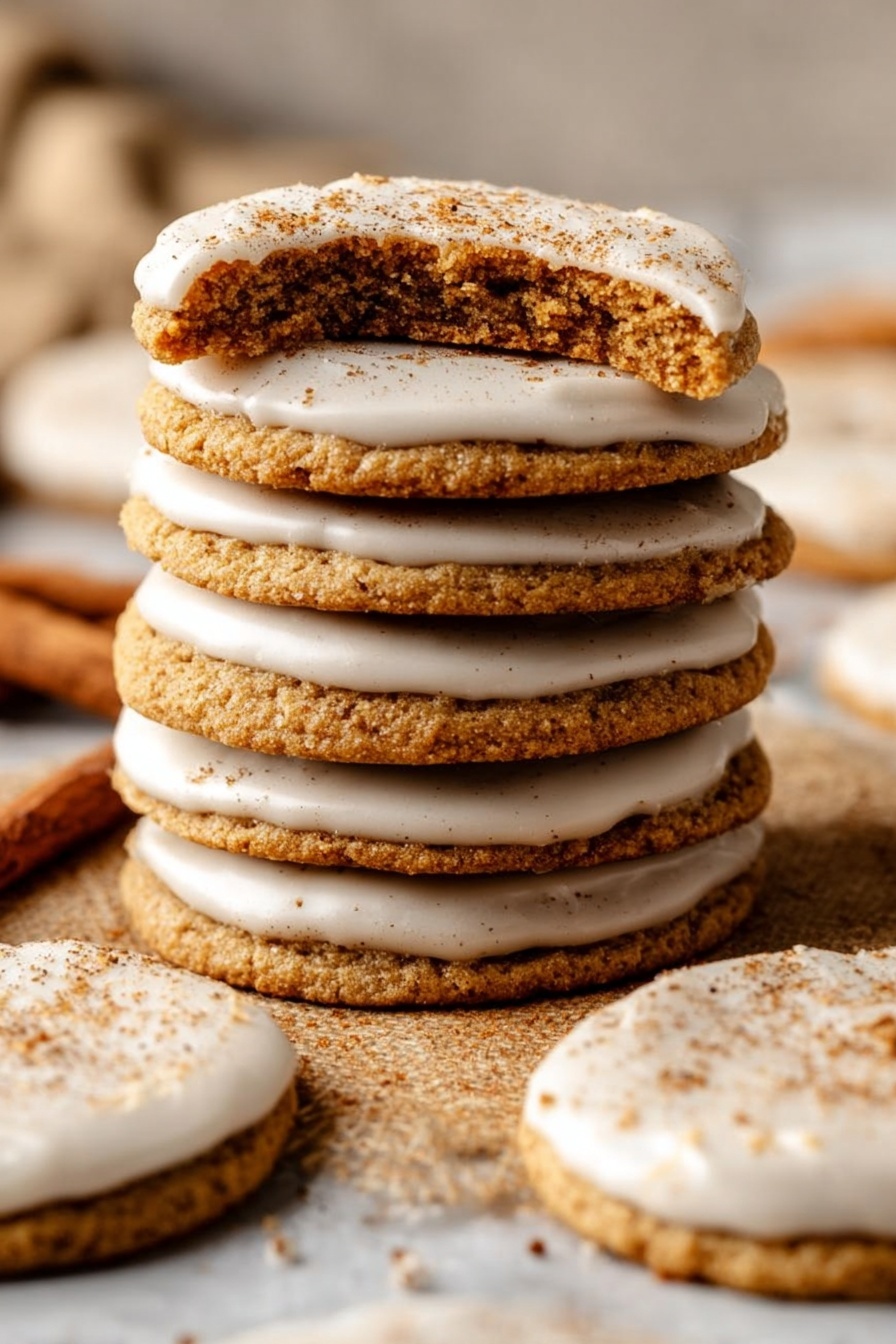 A tall stack of ten golden brown cookies with a smooth white icing layer on top, the top cookie is broken in half showing a soft brown interior. Around the stack, there are more iced cookies placed on a white marbled surface. The cookies have a rough texture with some sprinkled cinnamon on the icing. The scene is warm and cozy with soft lighting. photo taken with an iphone --ar 2:3 --v 7 - Brown Sugar Cookie Pop-Tarts, homemade toaster pastry recipe, cinnamon brown sugar pastries, flaky cookie Pop-Tarts, easy breakfast pastry