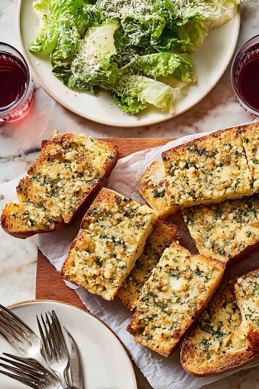 The image shows several pieces of garlic bread arranged on white parchment paper placed on a wooden board. The bread has a golden crust with a topping layer that looks creamy and speckled with chopped green herbs and small bits of garlic. The texture of the topping appears slightly rough but moist with a toasted finish. Nearby, a white plate contains a leafy green salad with crispy lettuce leaves and grated cheese on top, with a silver fork resting on the plate. Another white plate with four silver forks is visible at the bottom, along with a glass of reddish juice on the side. The surface underneath everything is a white marbled texture. Photo taken with an iphone --ar 2:3 --v 7 - Garlic Herb Parmesan Bread, garlic bread, herb parmesan bread, cheesy garlic bread, quick bread recipe