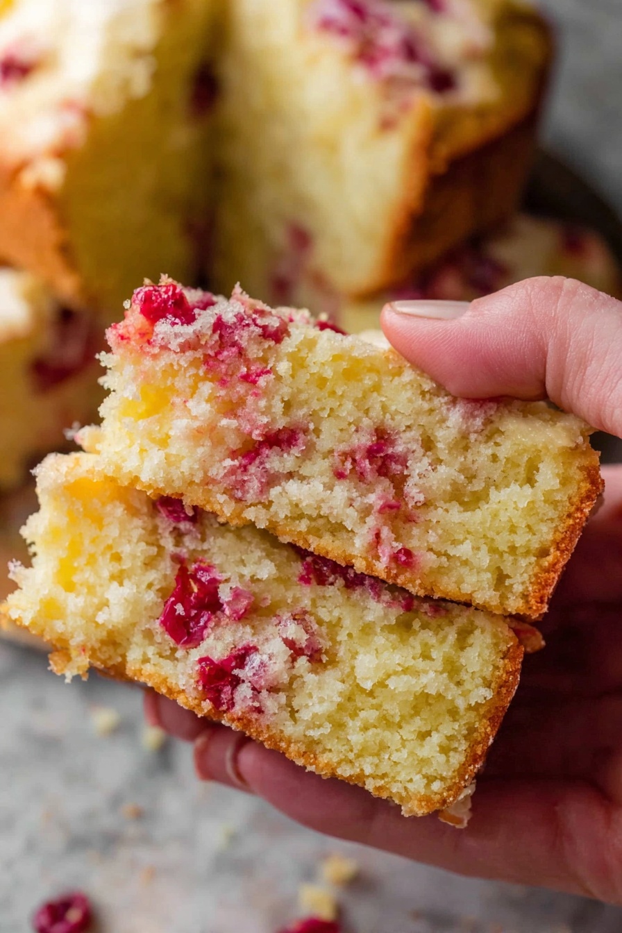 A close-up of a woman's hand holding a piece of golden yellow cake that is broken in half, showing two layers. The cake is moist with a soft crumb texture and has bright red berries scattered through both layers and the top, adding color contrast. The background shows more pieces of the same cake resting on a white marbled surface. The lighting highlights the moist texture and the berries' vibrant red spots photo taken with an iphone --ar 2:3 --v 7 - Cranberry Orange Bread, Cranberry Orange Bread with Glaze, Holiday Cranberry Bread, Easy Cranberry Orange Loaf, Festive Citrus Cranberry Bread